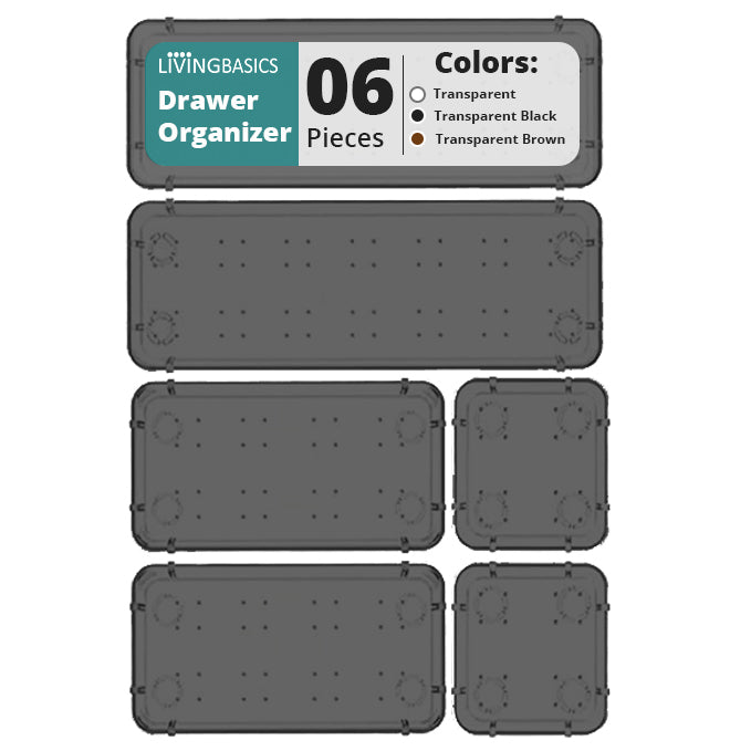 LIVINGBASICS 6 Pcs Unbreakable Kitchen Drawer Organizer/Drawers Organisers/Make up Organiser/Drawer Divider Tray/Makeup Dresser Tray/Dressing Table Organiser (Transparent Black)