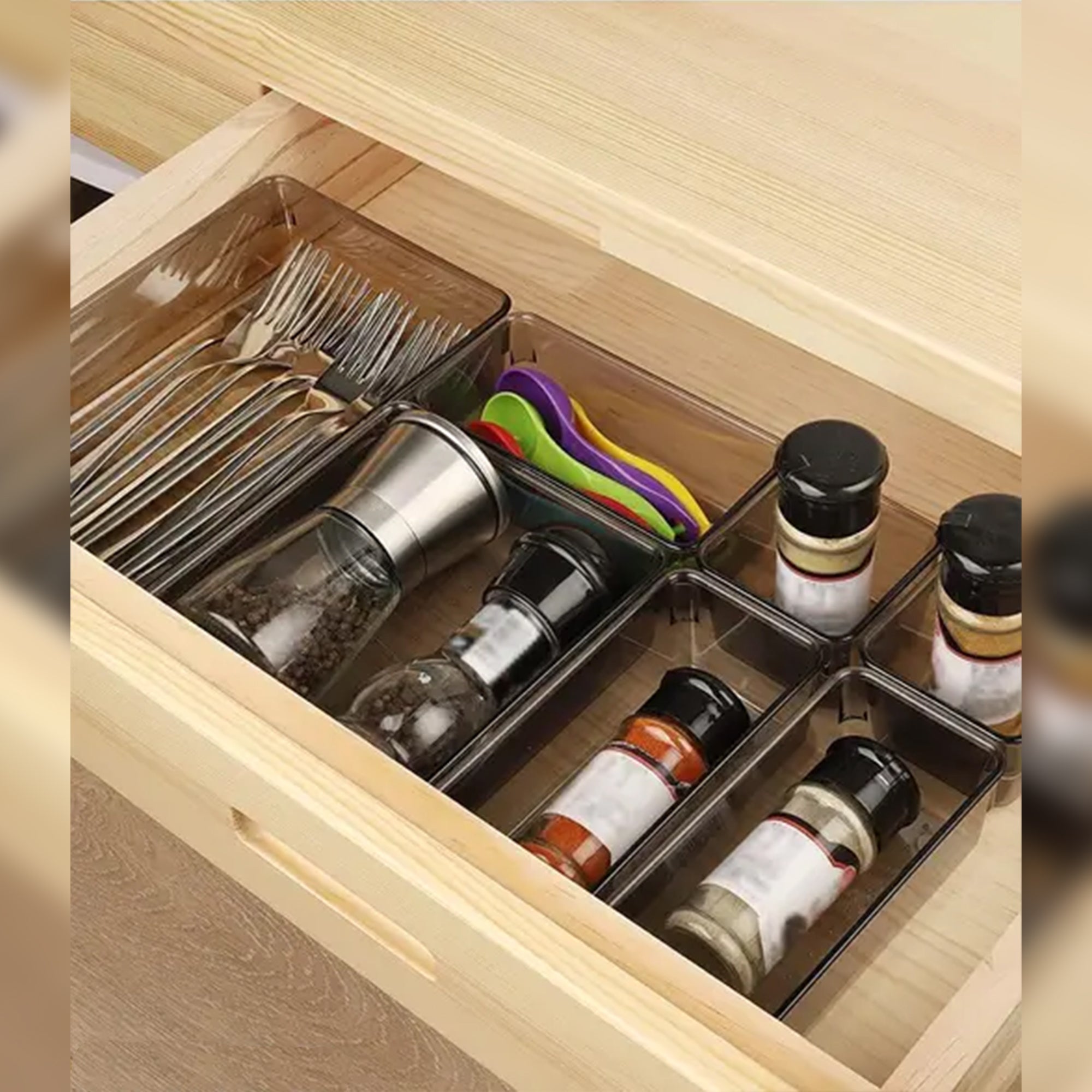 LIVINGBASICS 6 Pcs Unbreakable Kitchen Drawer Organizer/Drawers Organisers/Make up Organiser/Drawer Divider Tray/Makeup Dresser Tray/Dressing Table Organiser (Transparent Black)