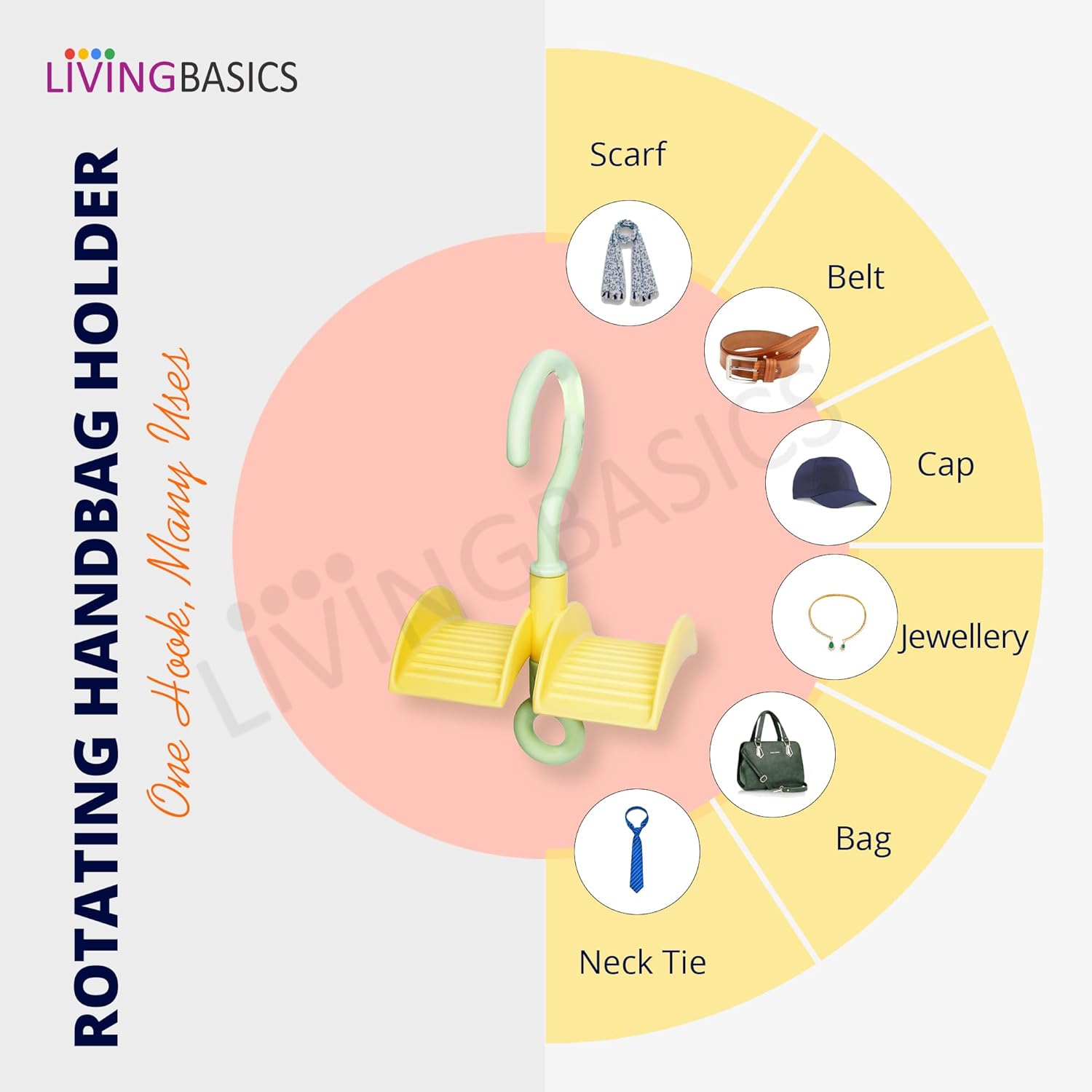 LivingBasics 360° Rotating Handbag Holder Hook for Wardrobe/Purse Rack/Hanging Purse Organizer for Closet, Bags, Scarves, Belts, Ties/Space Saving Multi Hook Hanger for Women