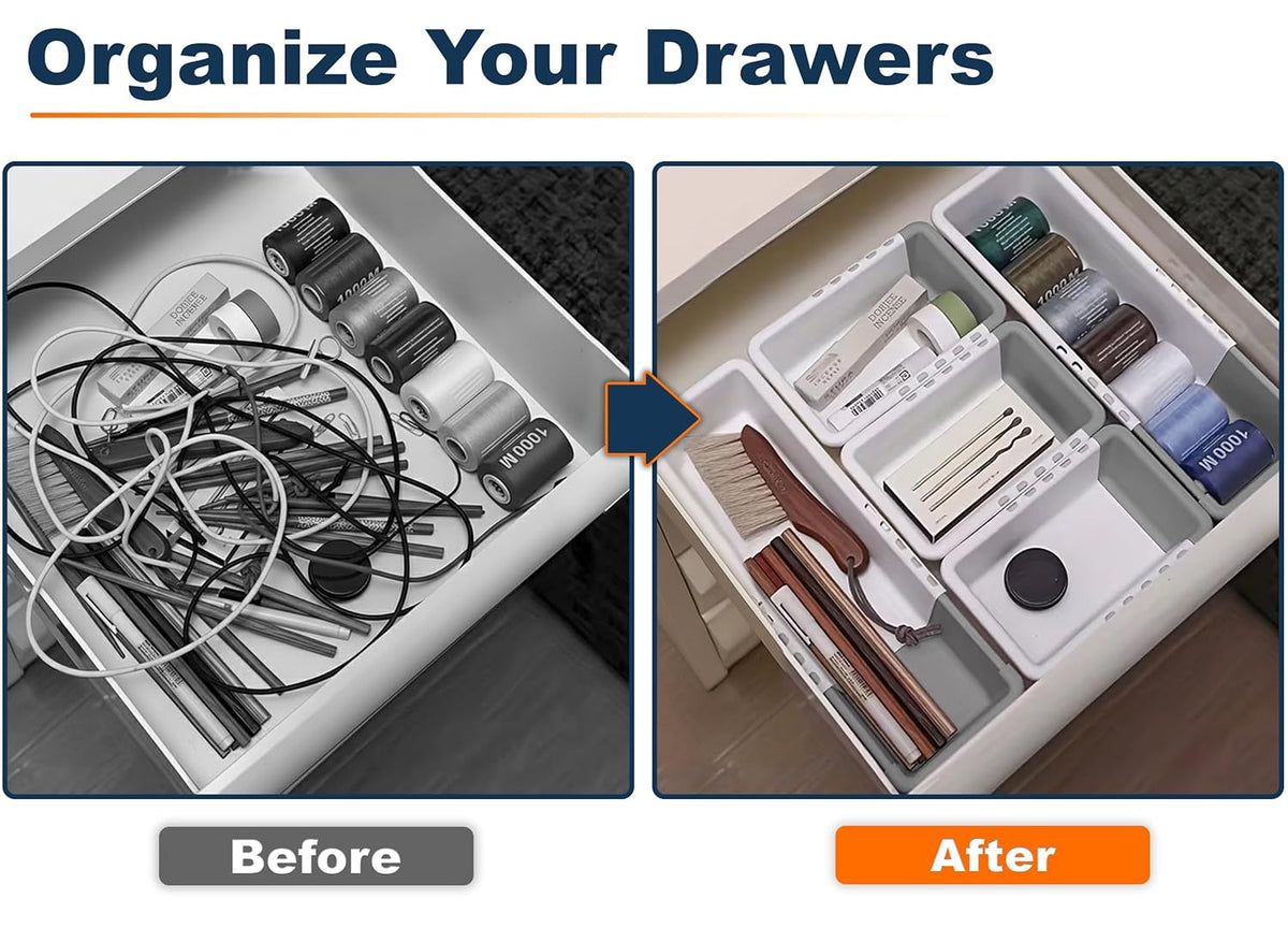 Expandable Drawer Organizers (White & Grey, Plastic)