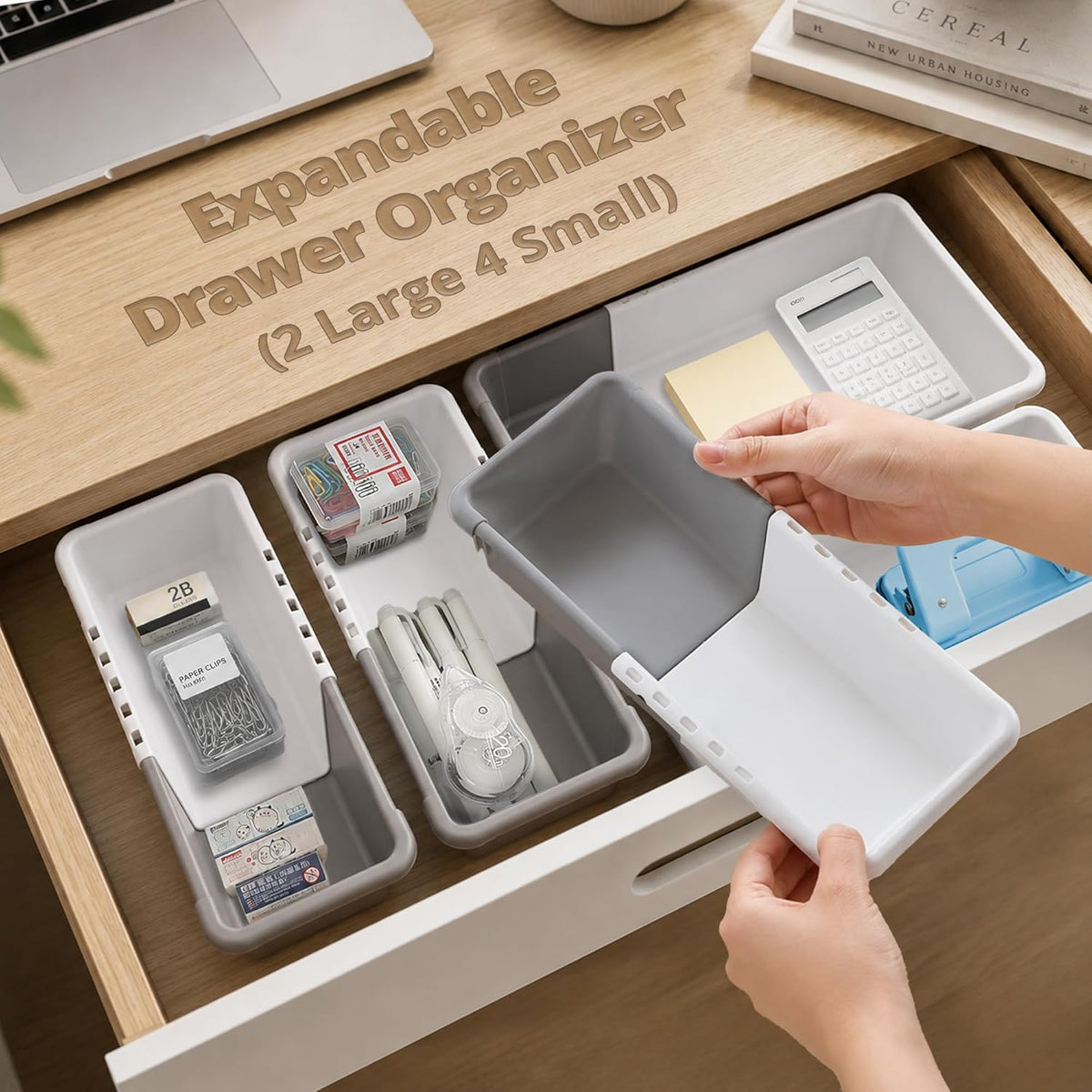 Expandable Drawer Organizers (White & Grey, Plastic)