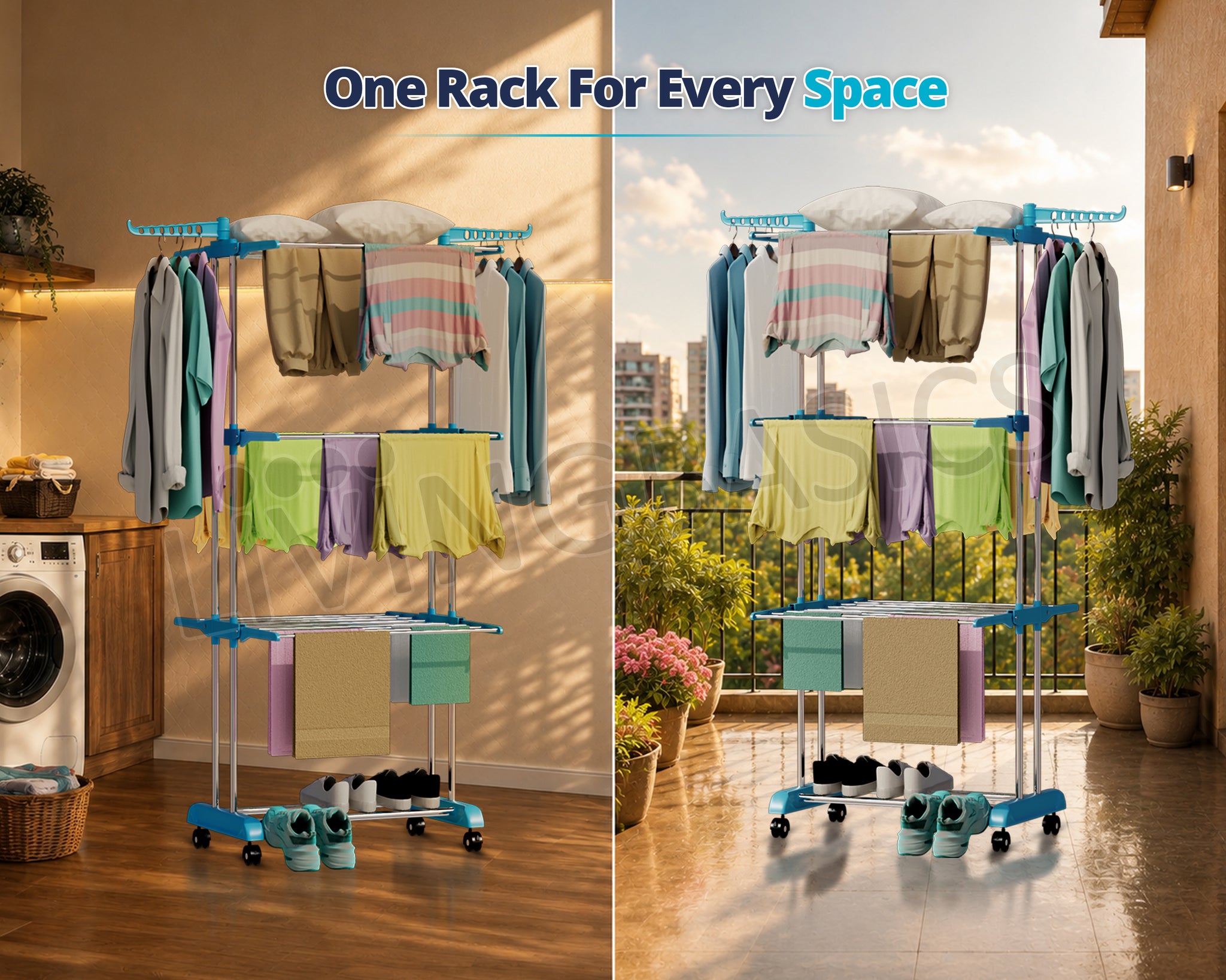 LivingBasics Stainless Steel Double Pole Foldable Clothes Drying Stand/Cloth Dryer Stands/Laundry Dry Rack with Wheels for Indoor/Outdoor/Balcony (Cyan Blue) (ABS Plastic)