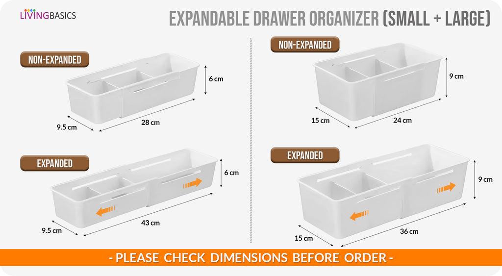LivingBasics Expandable Kitchen Drawer Organizer /Drawer Divider / Expandable Drawer Tray / Kitchen Drawer Organizer / Drawer Fit Sliding Drawer Bin / Adjustable Kitchen Storage Organiser (White)