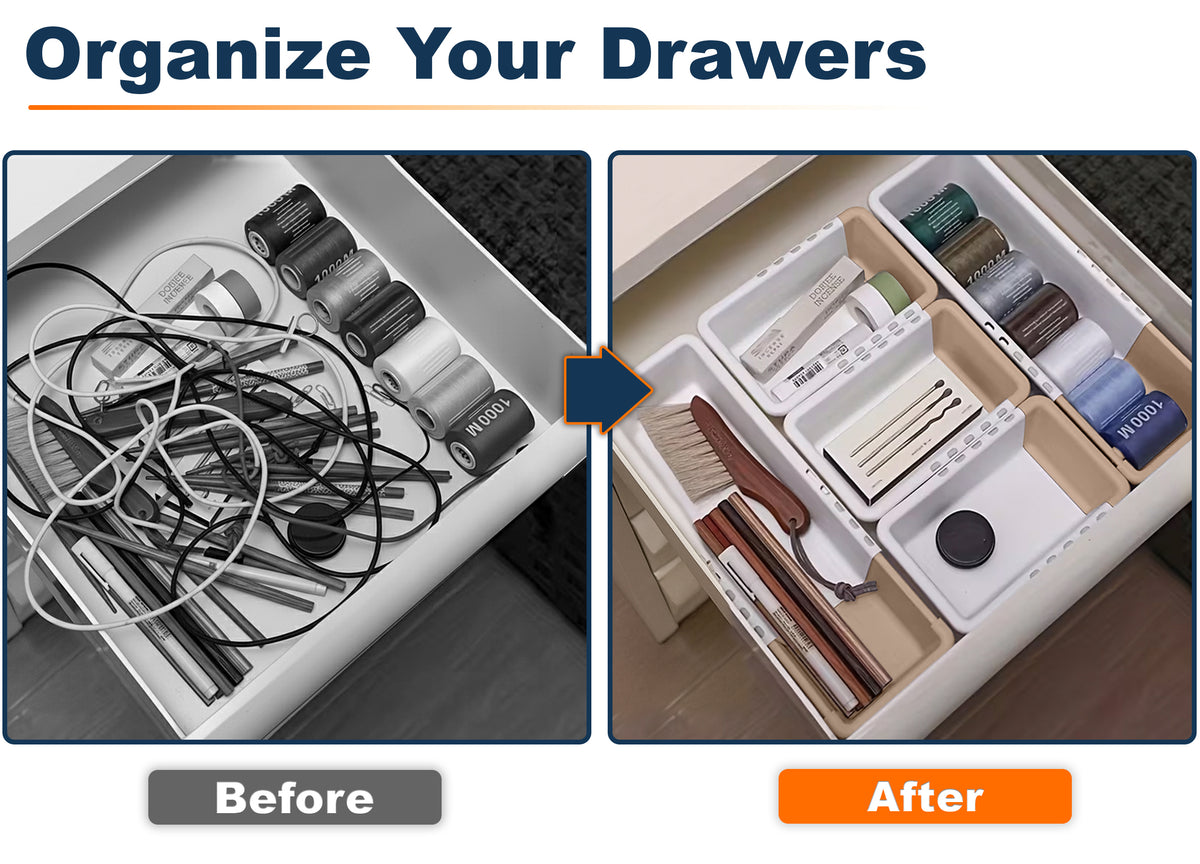 LIVINGBASICS 2L + 4S Expandable Drawer Organizers (White & Brown, Plastic)