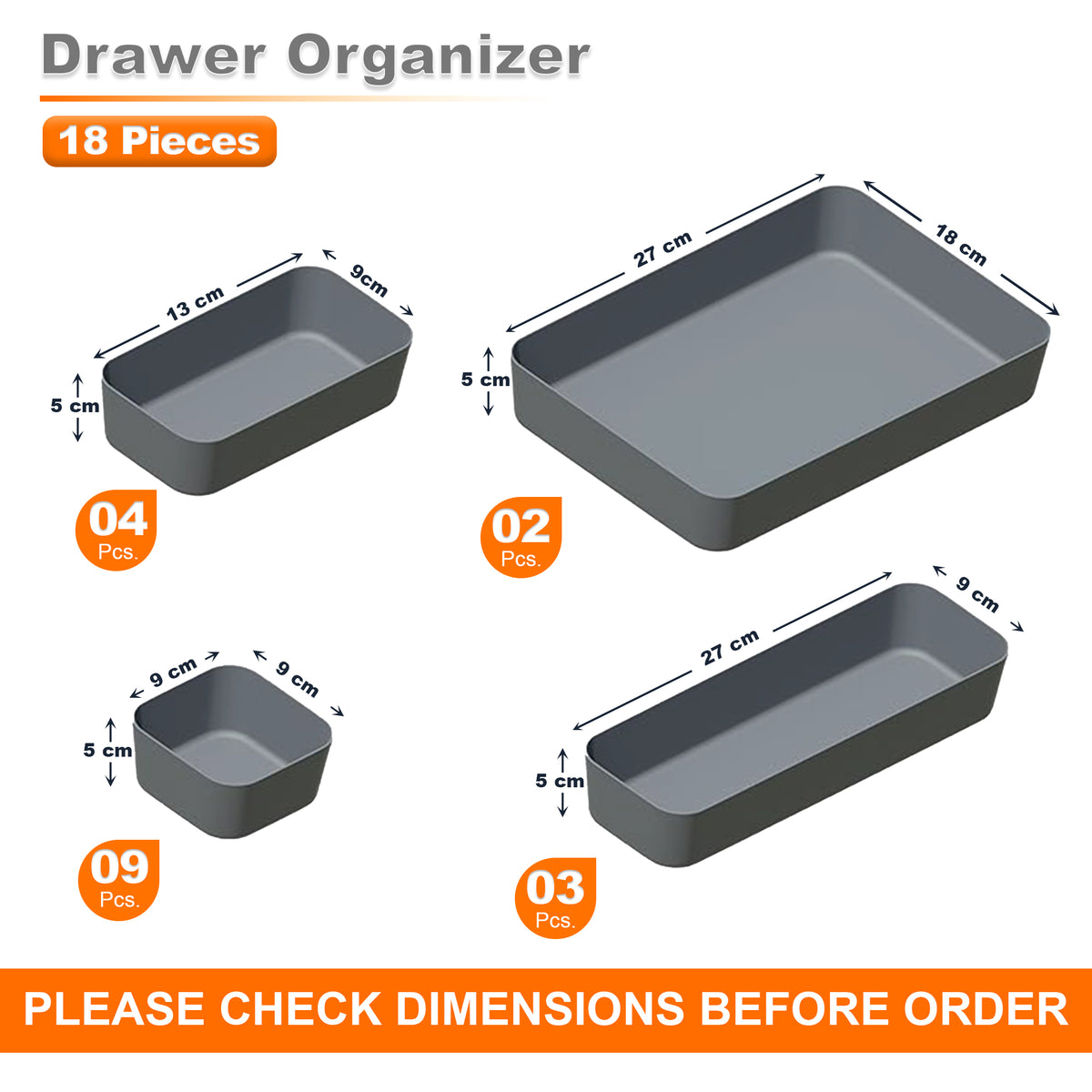 Multipurpose Drawer Organiser/Divider Tray (Plastic, Grey)
