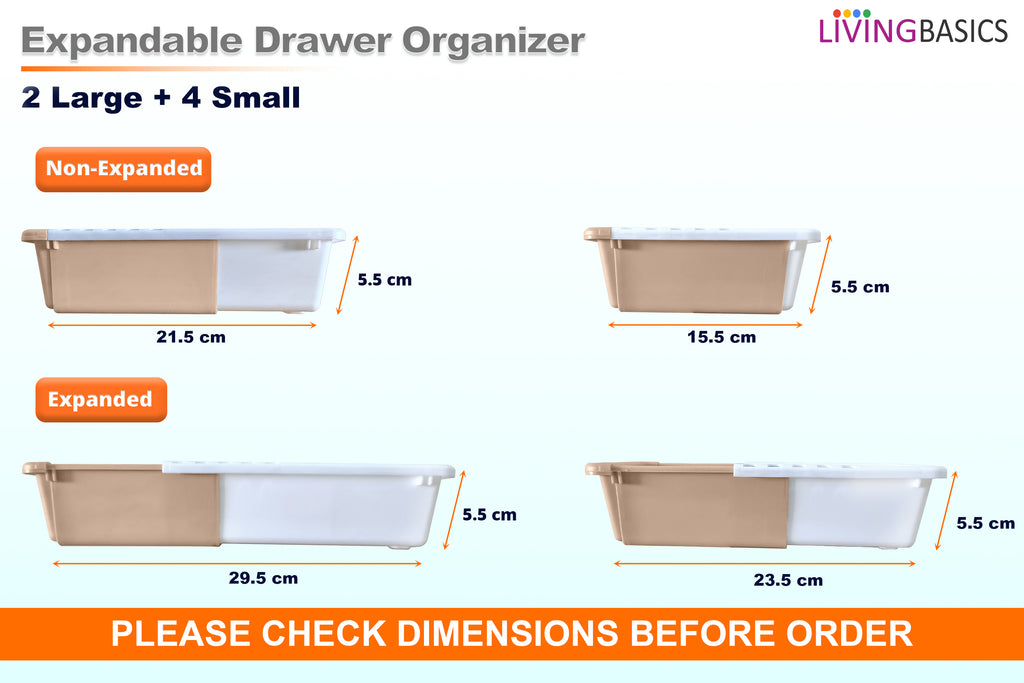 LIVINGBASICS 2L + 4S Expandable Drawer Organizers (White & Brown, Plastic)
