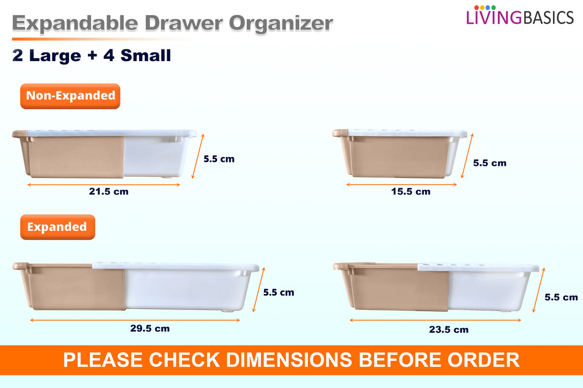 LIVINGBASICS 2L + 4S Expandable Drawer Organizers (White & Brown, Plastic)