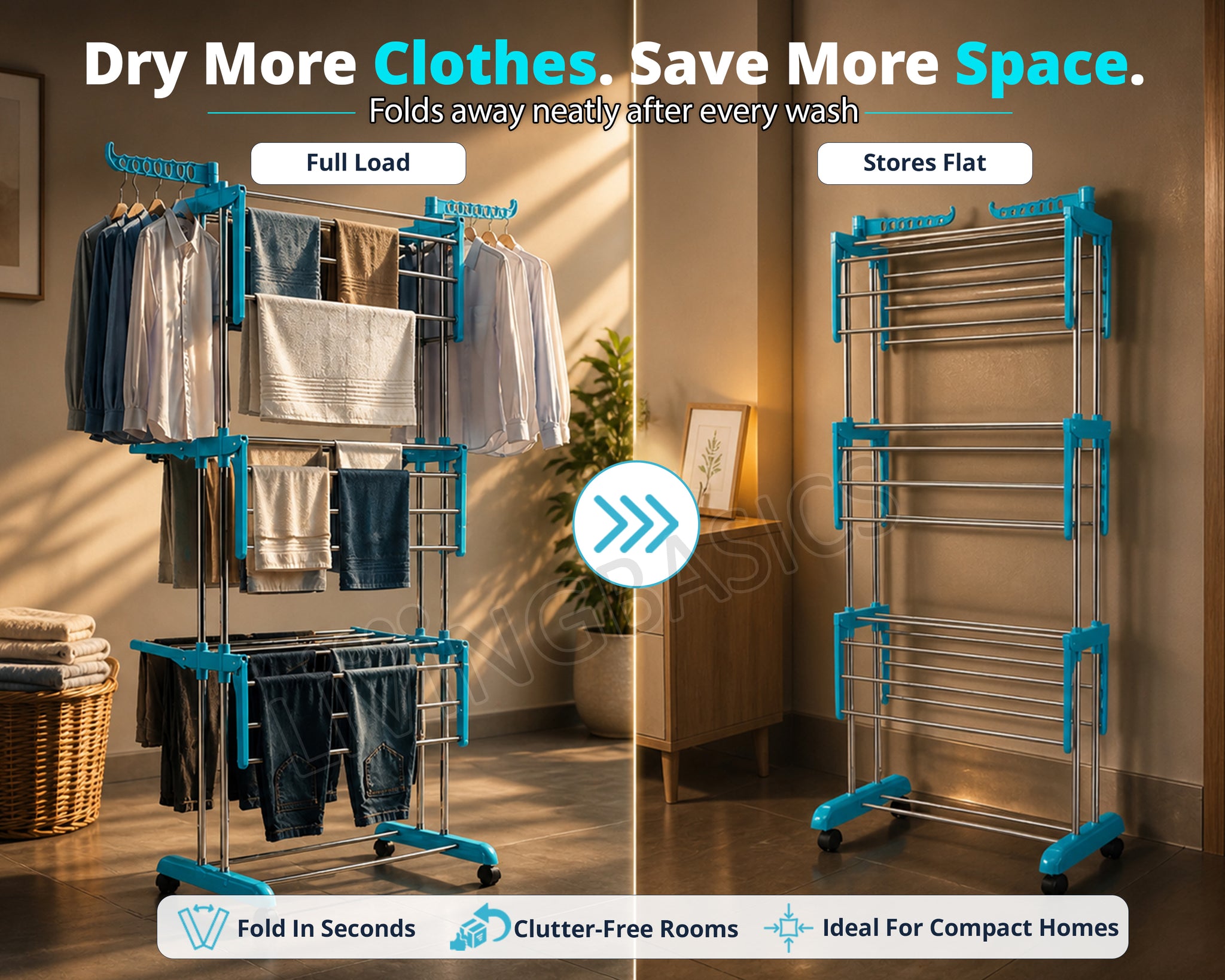 LivingBasics Stainless Steel Double Pole Foldable Clothes Drying Stand/Cloth Dryer Stands/Laundry Dry Rack with Wheels for Indoor/Outdoor/Balcony (Cyan Blue) (ABS Plastic)