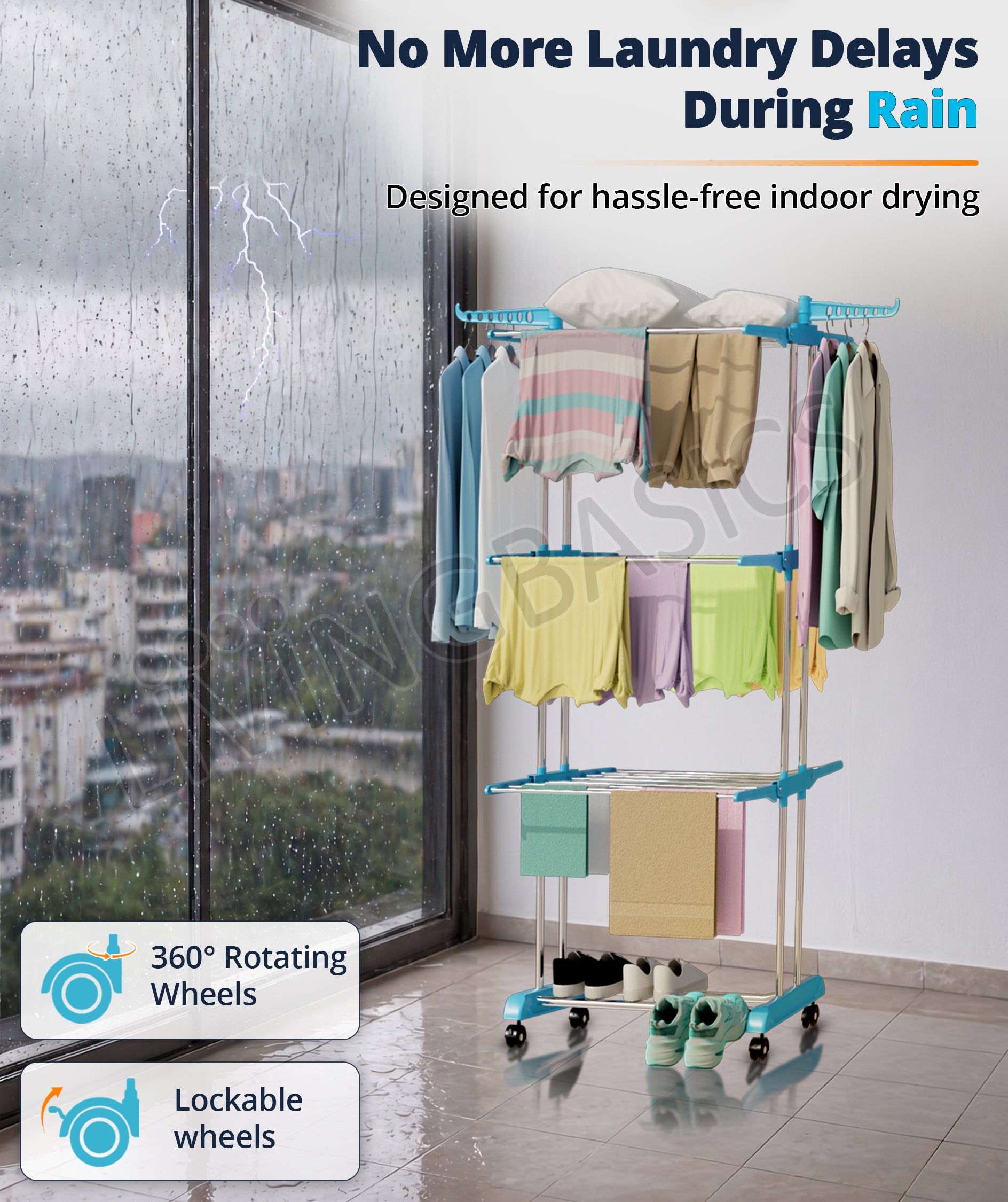 LivingBasics Stainless Steel Double Pole Foldable Clothes Drying Stand/Cloth Dryer Stands/Laundry Dry Rack with Wheels for Indoor/Outdoor/Balcony (Cyan Blue) (ABS Plastic)