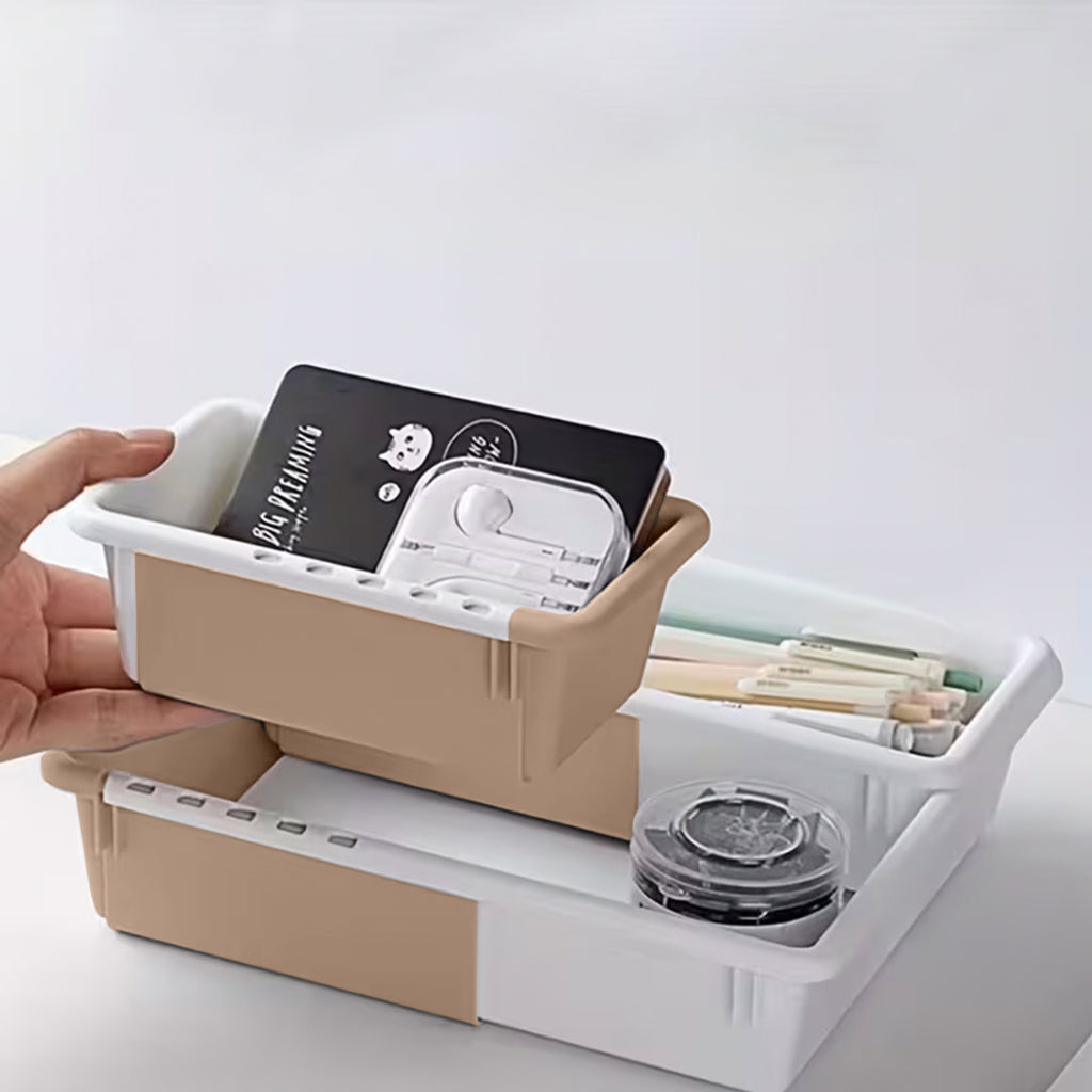 LIVINGBASICS 2L + 4S Expandable Drawer Organizers (White & Brown, Plastic)