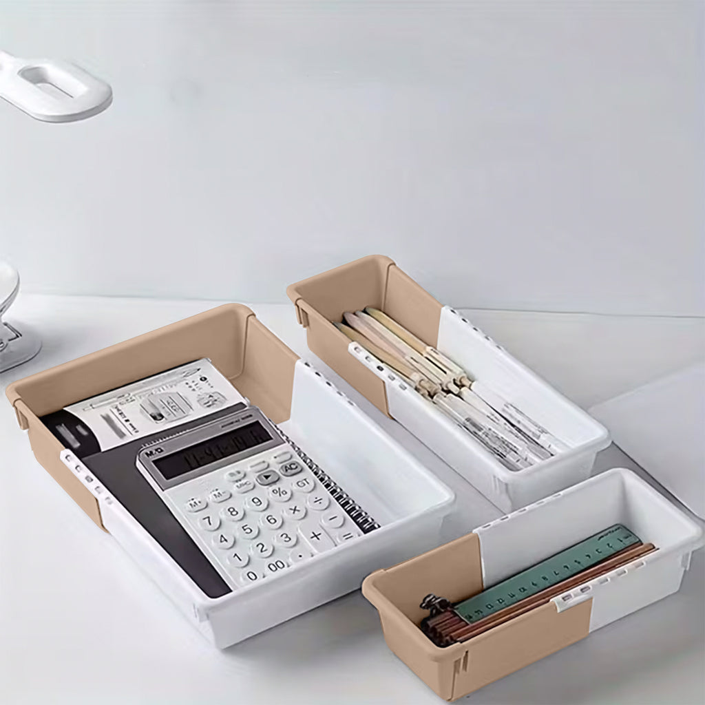LIVINGBASICS 2L + 4S Expandable Drawer Organizers (White & Brown, Plastic)