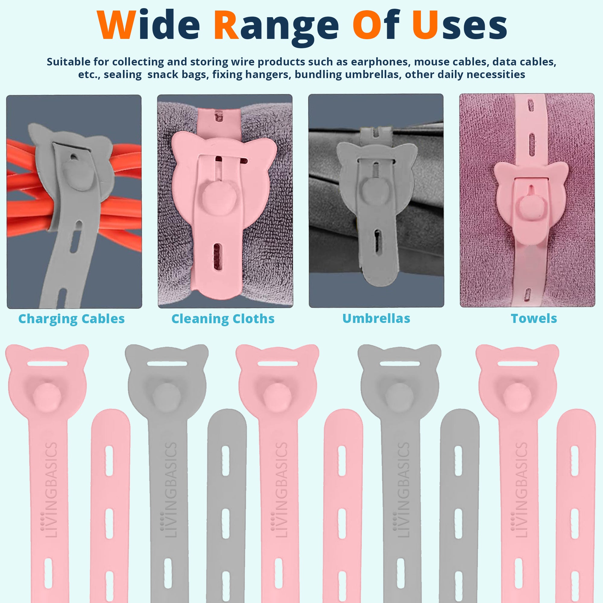 LivingBasics 10 Pcs Reusable Silicone Cable Ties