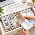 LIVINGBASICS 2L + 4S Expandable Drawer Organizers (White & Brown, Plastic)