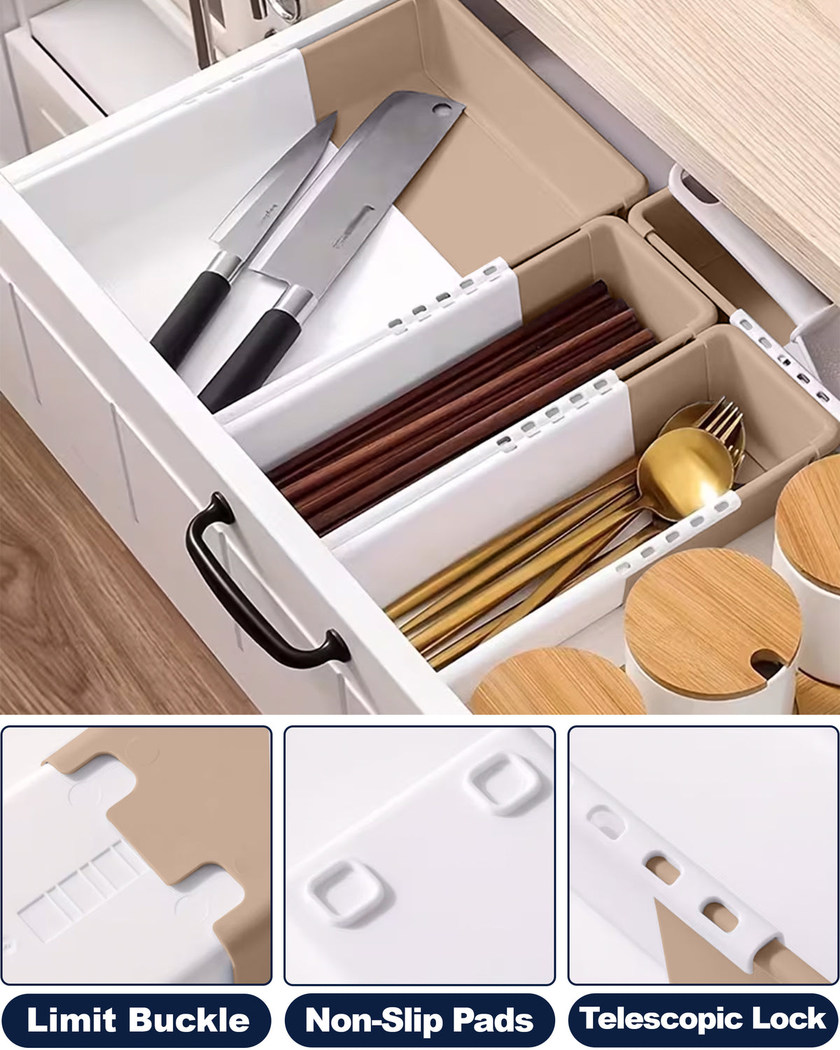 LIVINGBASICS 2L + 4S Expandable Drawer Organizers (White & Brown, Plastic)