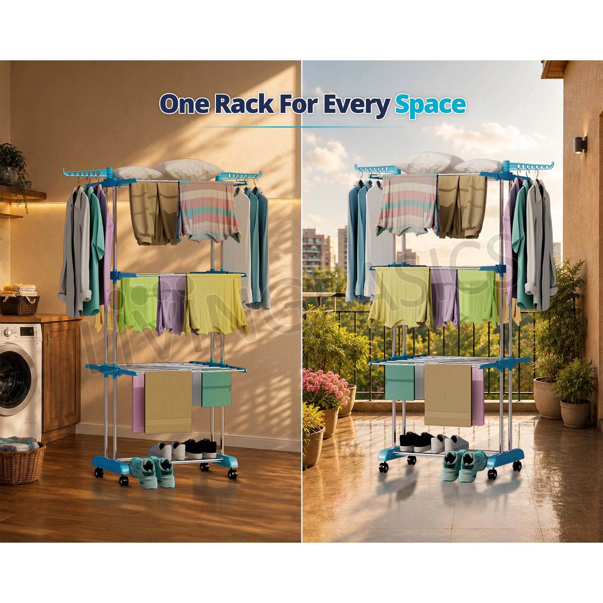 LivingBasics Stainless Steel Double Pole Foldable Clothes Drying Stand/Cloth Dryer Stands/Laundry Dry Rack with Wheels for Indoor/Outdoor/Balcony (Cyan Blue) (ABS Plastic)