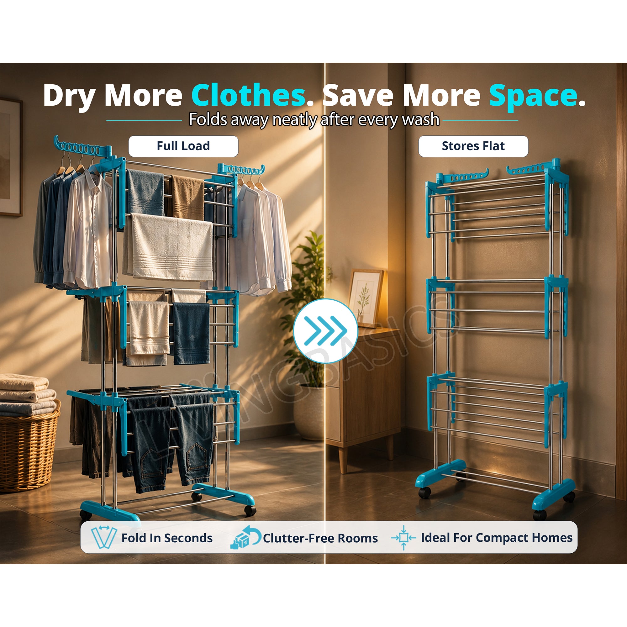 LivingBasics Stainless Steel Double Pole Foldable Clothes Drying Stand/Cloth Dryer Stands/Laundry Dry Rack with Wheels for Indoor/Outdoor/Balcony (Cyan Blue) (ABS Plastic)