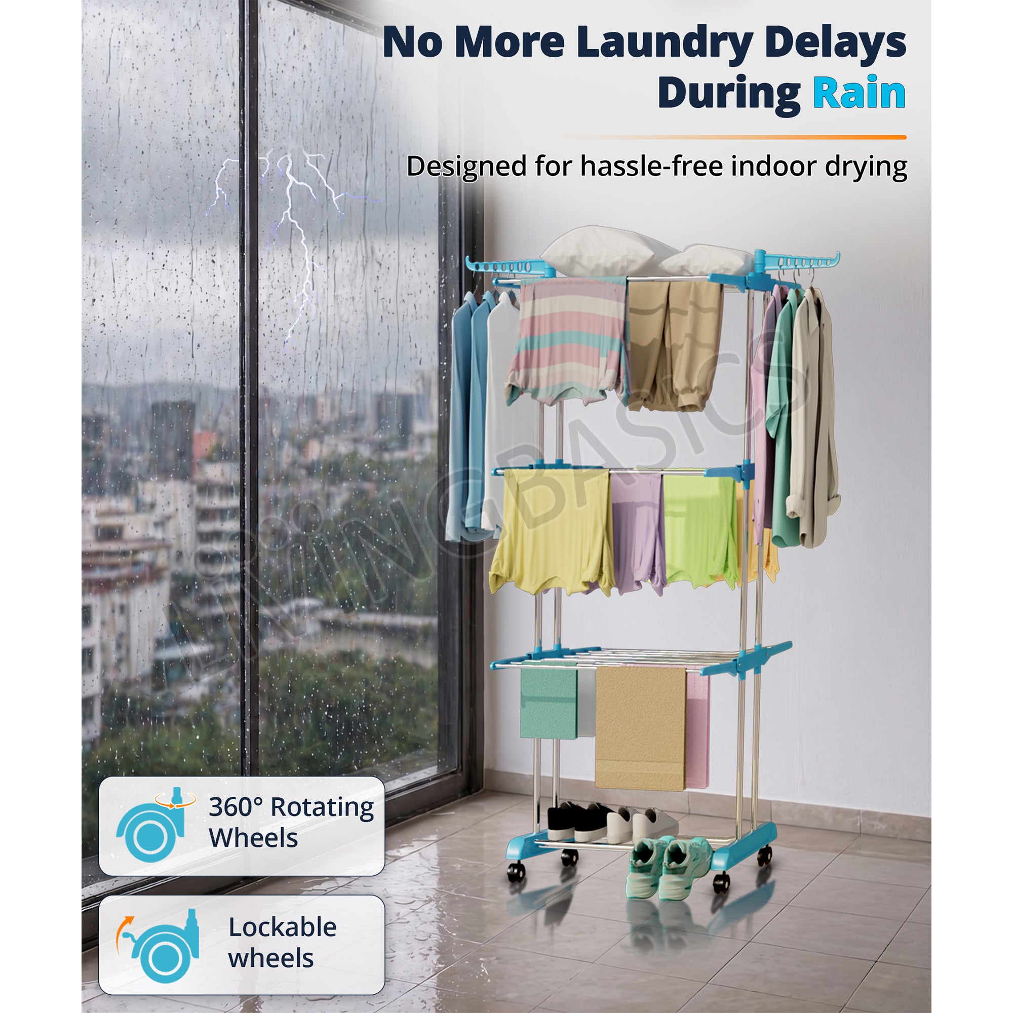 LivingBasics Stainless Steel Double Pole Foldable Clothes Drying Stand/Cloth Dryer Stands/Laundry Dry Rack with Wheels for Indoor/Outdoor/Balcony (Cyan Blue) (ABS Plastic)