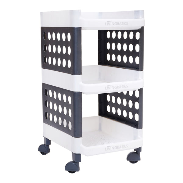 LivingBasics 3 Layer/Tier Multipurpose Plastic Storage Rack/Stand Organizer with Wheels, Space-Saving Utility Trolley for Narrow Places/Kitchen Cart/Vegetable Rack/Corner Shelf/Bedroom/Bathroom/Living Room/Office/Kids Toys (White - Grey)