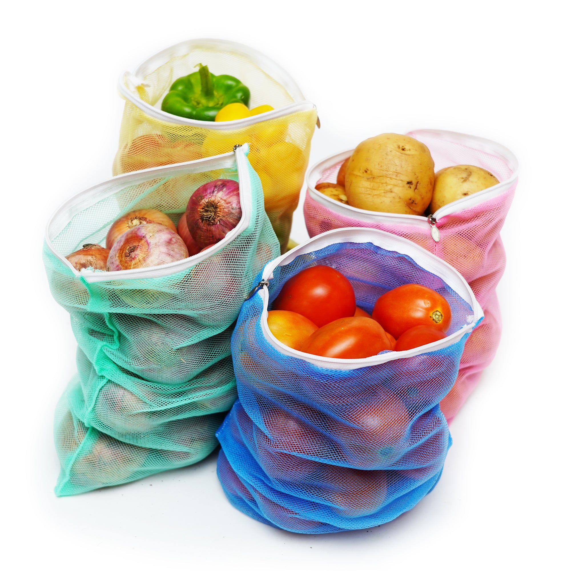 LivingBasics Premium Double Net Vegetable Bags For Fridge / Refrigerator - Vegetable Cover - Covers / Fresh Fruits Pouches For Kitchen - Mesh Organizer Bag (6 Pieces, Multi-Color Net Bags)