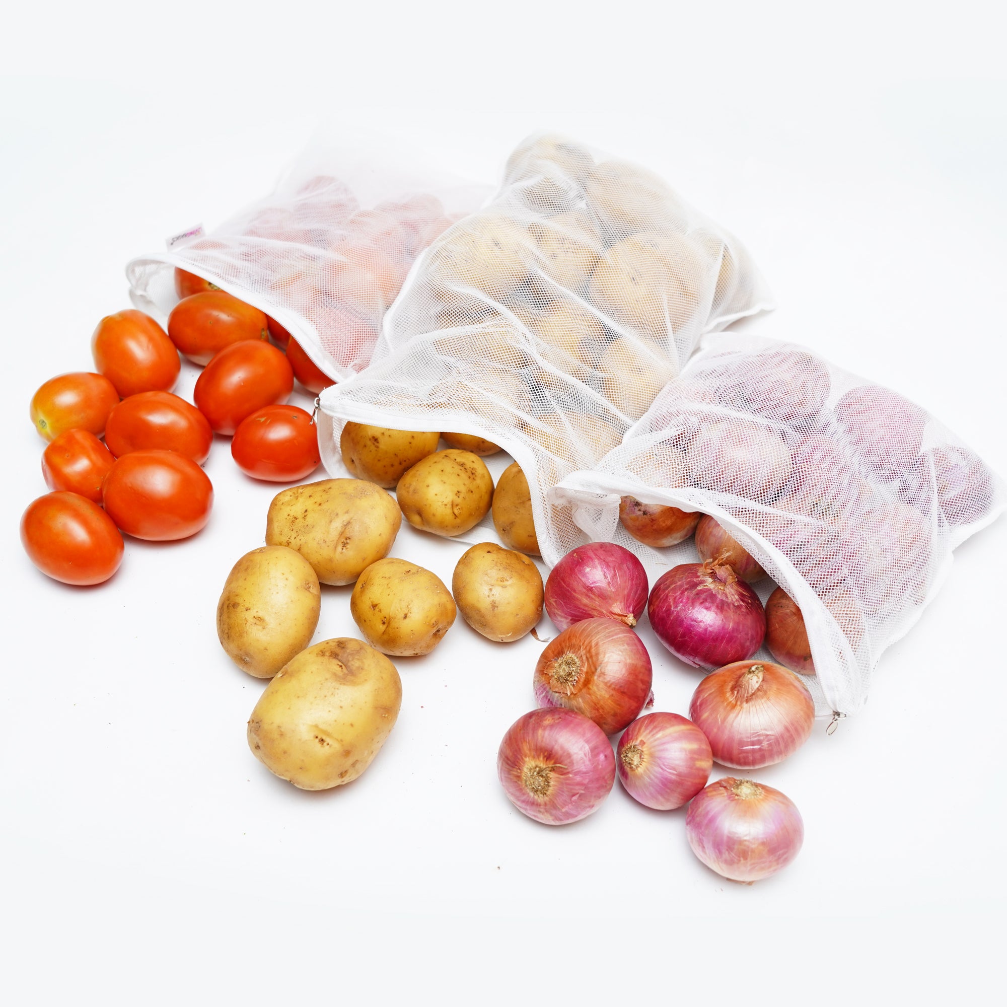 LivingBasics Premium Double Net Vegetable Bags For Fridge / Refrigerator - Vegetable Cover - Covers / Fresh Fruits Pouches For Kitchen - Mesh Organizer Bag (6 Pieces, White Net Bags)