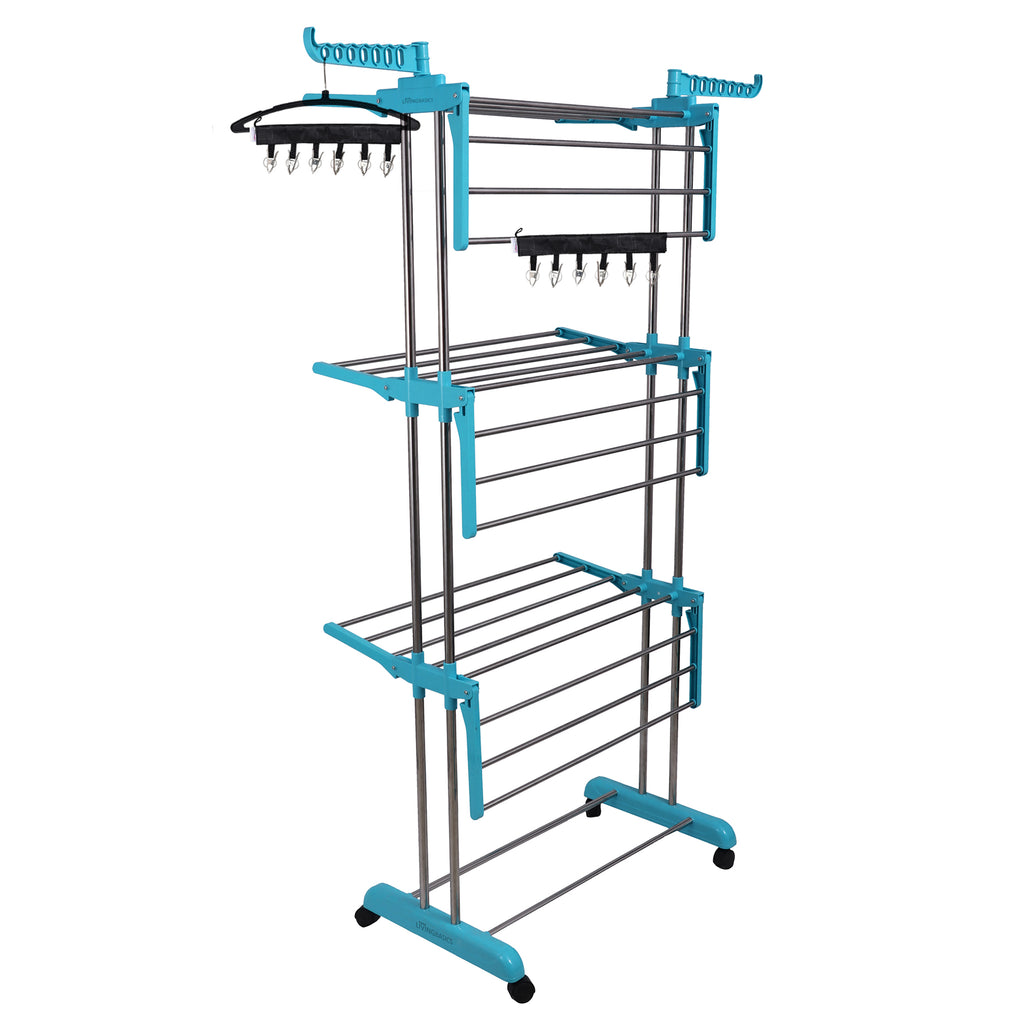 LivingBasics® Heavy Duty Rust-free Double Pole Clothes Drying Racks with Wheels for Indoor/Outdoor/Balcony (COMBO CYAN BLUE + ICON CLOTH CLIP)(ABS PLASTIC)