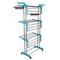 LivingBasics® Heavy Duty Rust-free Double Pole Clothes Drying Racks with Wheels for Indoor/Outdoor/Balcony (COMBO CYAN BLUE + ICON CLOTH CLIP)(ABS PLASTIC)