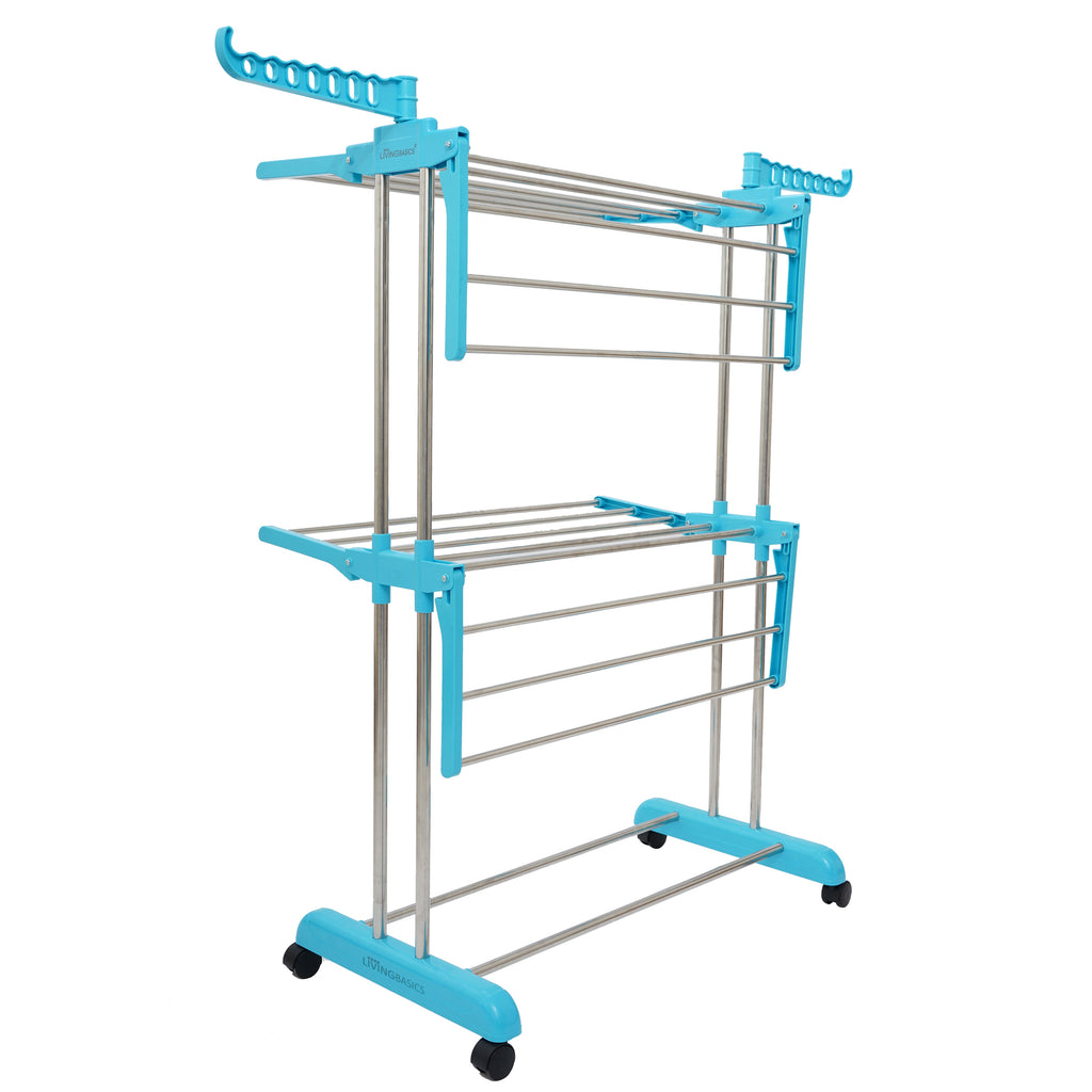 LIVINGBASICS Cloth Drying Stand Rust-Free Stainless Steel & ABS 2 Layer Foldable Clothes Dryer Rack / Folding Laundry Dry Stands with Wheels for Home / Indoor / Outdoor / Balcony (Cyan Blue)