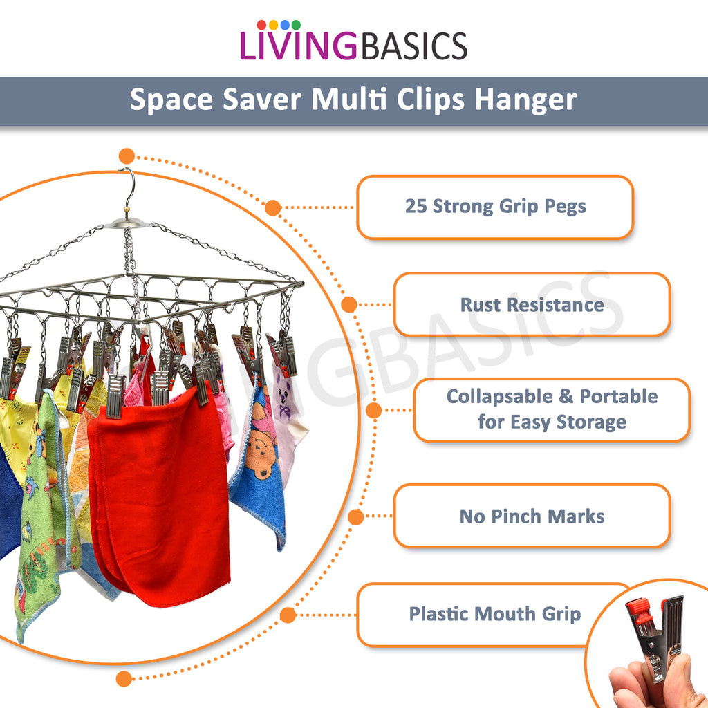 Stainless Steel Baby Cloth Clips Hanger with Drying Pins/Pegs (25 Clip Hanger)