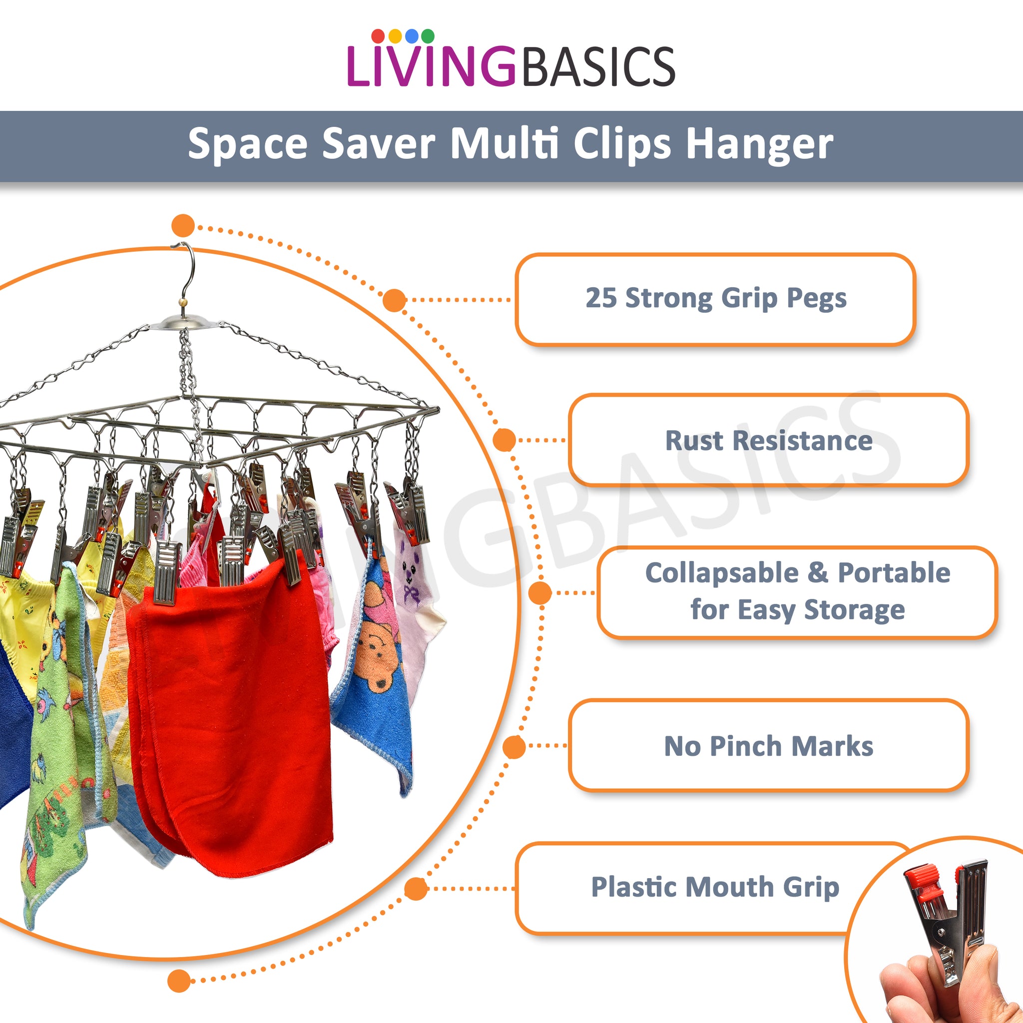LivingBasics Stainless Steel Baby Cloth Clips Hanger with Drying Pins/Pegs for Rods/Ropes - Clothes Dryer Rack for Socks, Nappies, Hand Towel, Mask, Tie, Lingerie (25 Clip Hanger)