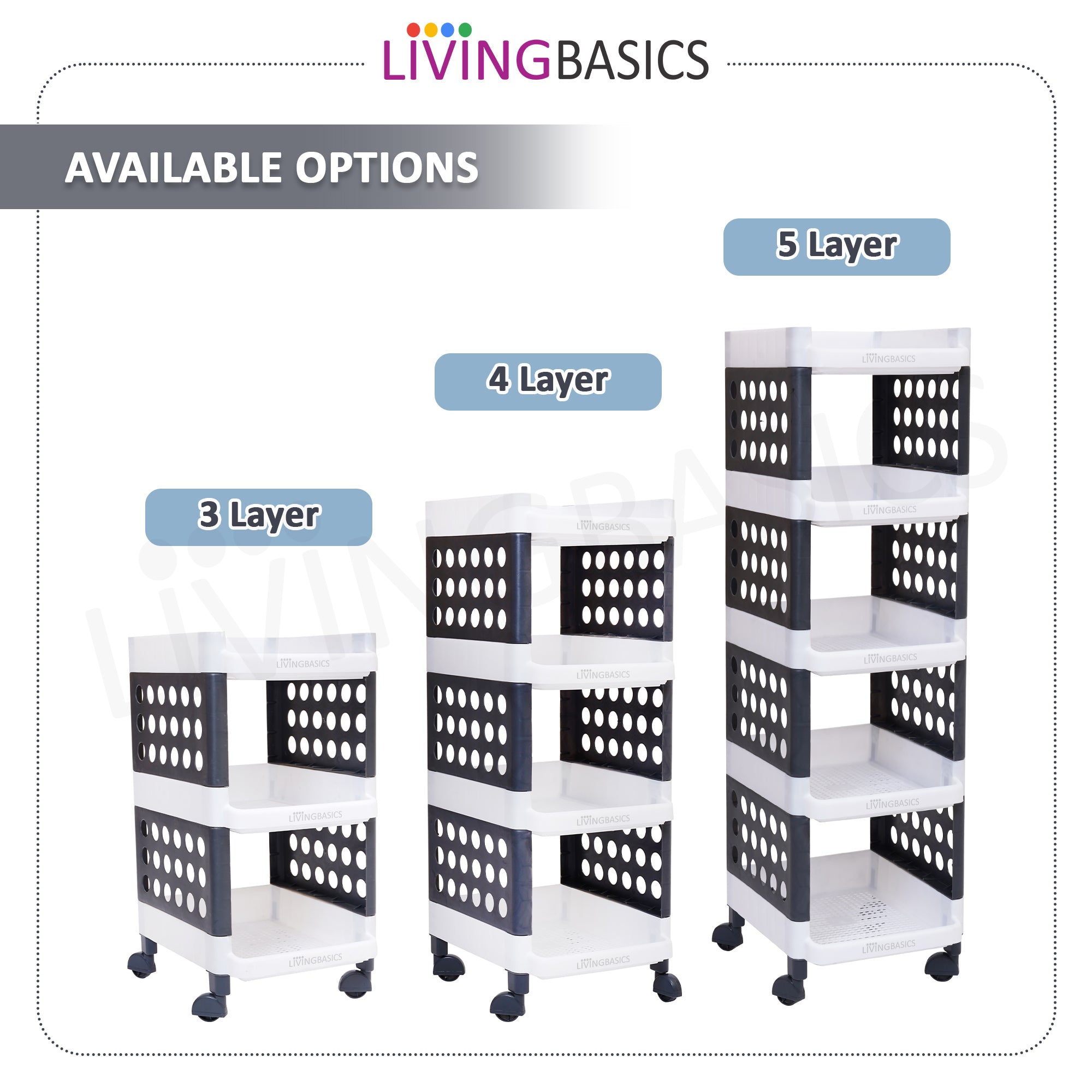 LivingBasics 5 Layer/Tier Multipurpose Plastic Storage Rack/Stand Organizer with Wheels, Space-Saving Utility Trolley for Narrow Places/Kitchen Cart/Vegetable Rack/Corner Shelf/Bedroom/Bathroom/Living Room/Office/Kids Toys (White - Grey)
