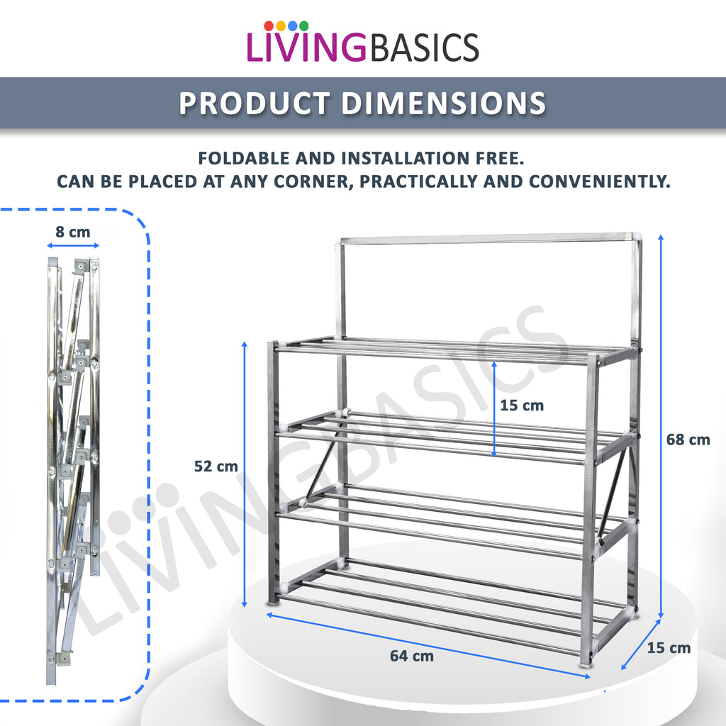 LIVINGBASICS 4 Tier Stainless Steel Installation-Free Foldable/Folding Shoe/Shoes Rack/Stand for Home Office, Upgraded with Locking System
