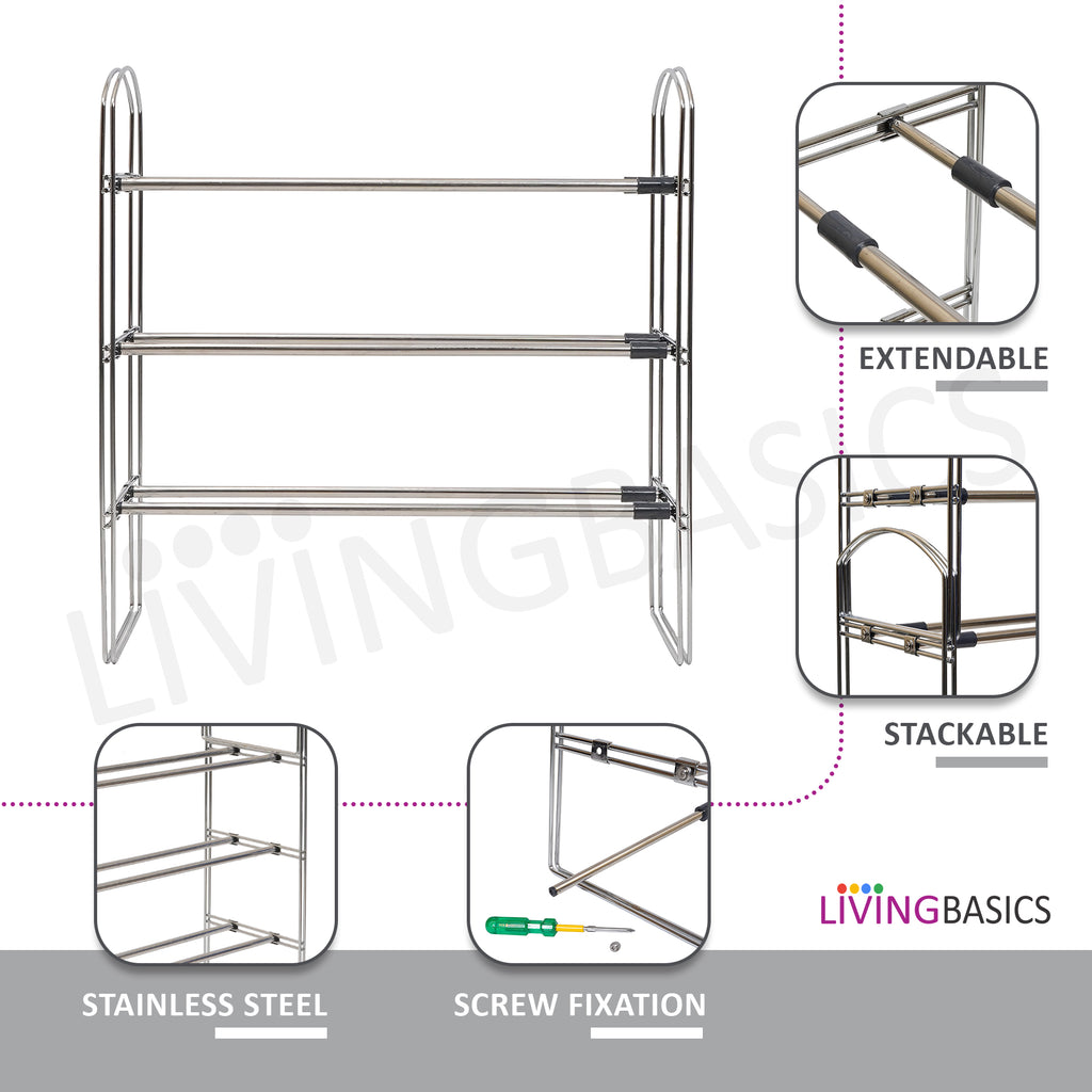 LIVINGBASICS Stainless Steel Expandable Shoe Rack for Home, Adjustable Footwear/Slipper Stand, Space-Saver Storage Organizer for Office/Entrance/Entryway (3 Layer Extendable + Stackable)