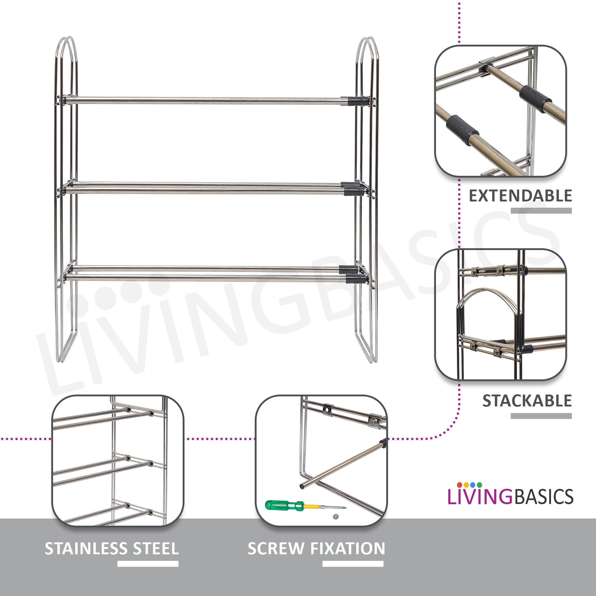 LIVINGBASICS Stainless Steel Expandable Shoe Rack for Home, Adjustable Footwear/Slipper Stand, Space-Saver Storage Organizer for Office/Entrance/Entryway (3 Layer Extendable + Stackable)