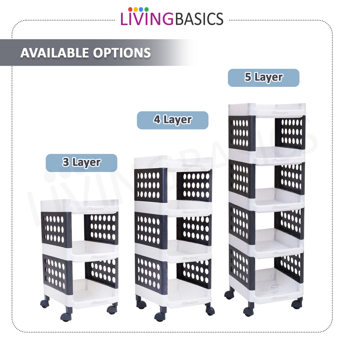 LivingBasics 4 Layer/Tier Multipurpose Plastic Storage Rack/Stand Organizer with Wheels, Space-Saving Utility Trolley for Narrow Places/Kitchen Cart/Vegetable Rack/Corner Shelf/Bedroom/Bathroom/Living Room/Office/Kids Toys (White - Grey)