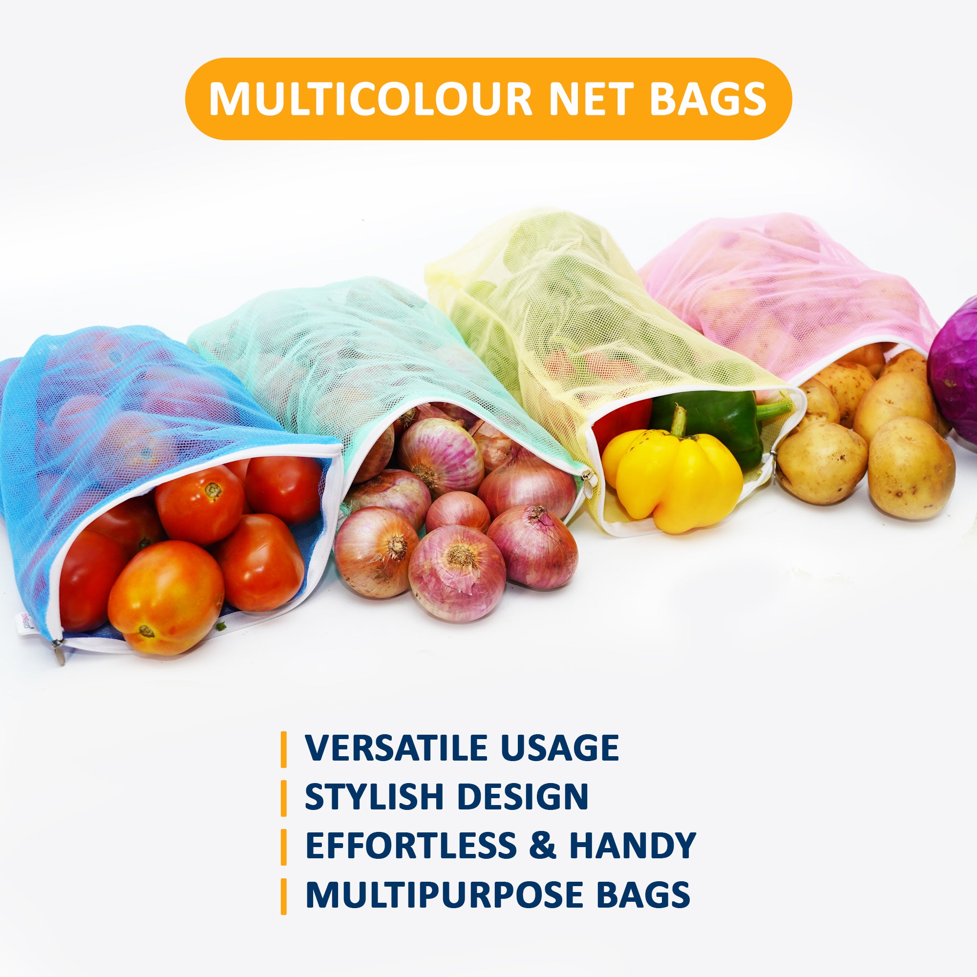 LivingBasics Premium Double Net Vegetable Bags For Fridge / Refrigerator - Vegetable Cover - Covers / Fresh Fruits Pouches For Kitchen - Mesh Organizer Bag (6 Pieces, Multi-Color Net Bags)