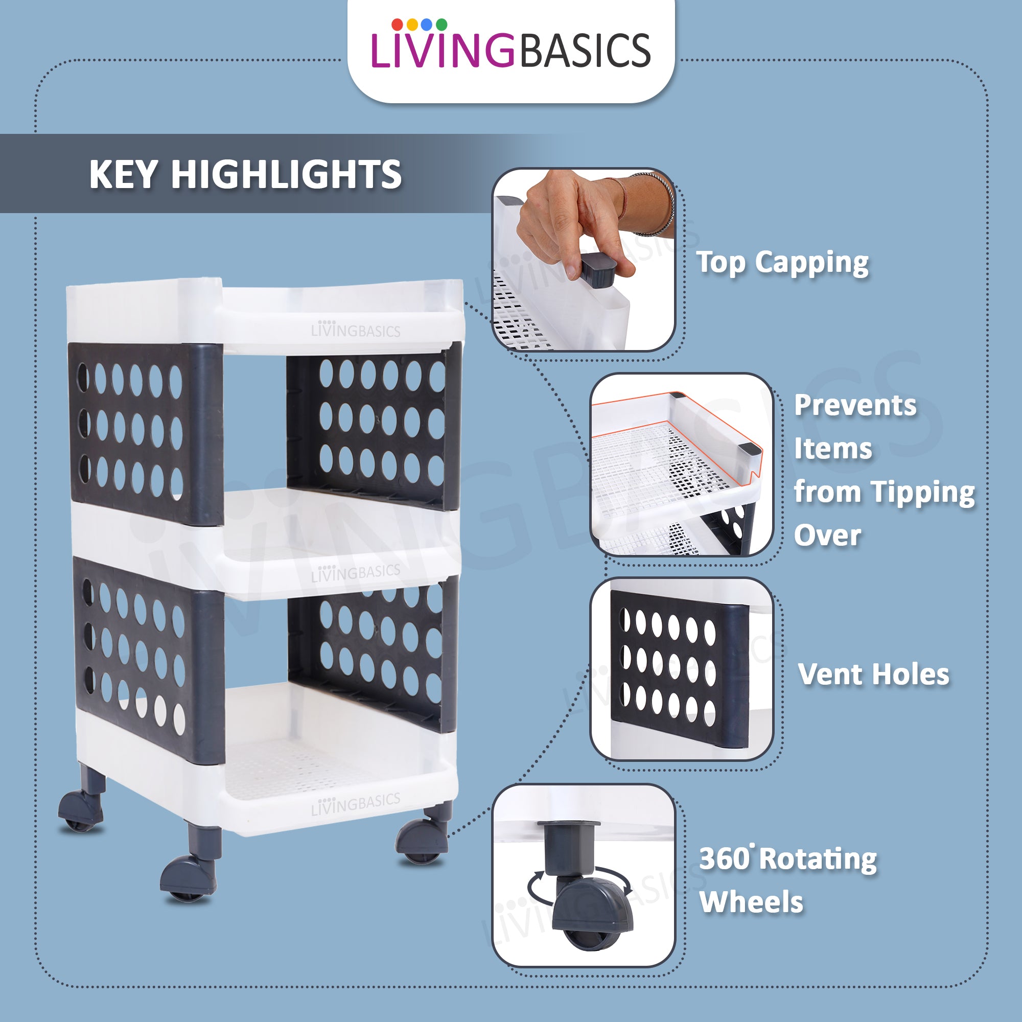 LivingBasics 3 Layer/Tier Multipurpose Plastic Storage Rack/Stand Organizer with Wheels, Space-Saving Utility Trolley for Narrow Places/Kitchen Cart/Vegetable Rack/Corner Shelf/Bedroom/Bathroom/Living Room/Office/Kids Toys (White - Grey)