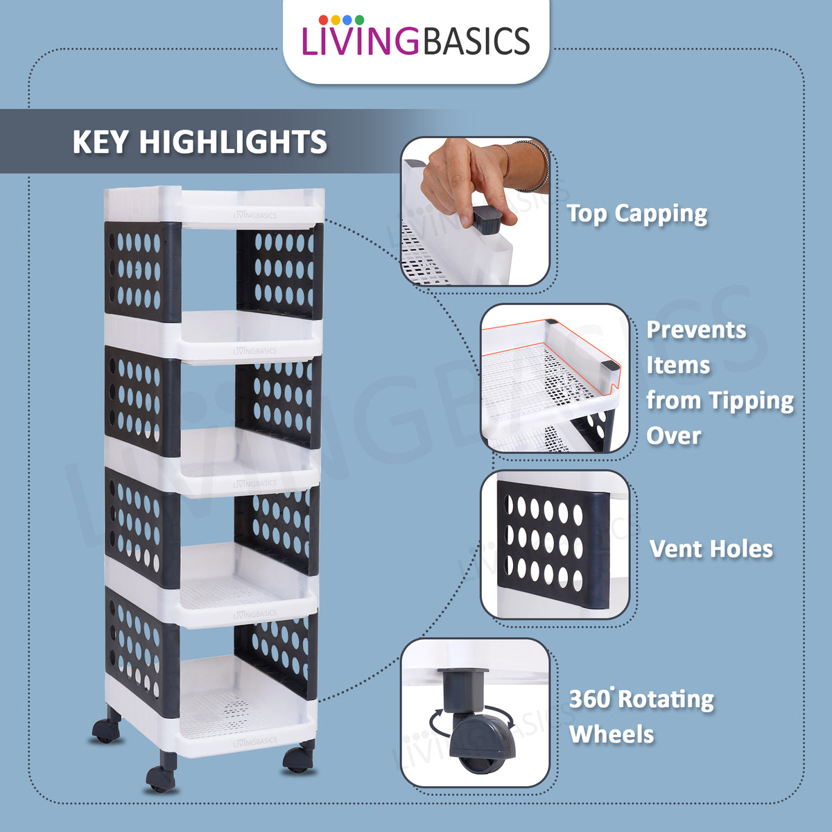 LivingBasics 5 Layer/Tier Multipurpose Plastic Storage Rack/Stand Organizer with Wheels, Space-Saving Utility Trolley for Narrow Places/Kitchen Cart/Vegetable Rack/Corner Shelf/Bedroom/Bathroom/Living Room/Office/Kids Toys (White - Grey)