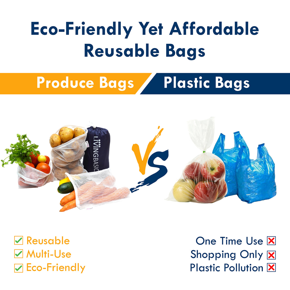 LivingBasics Premium Double Net Vegetable Bags For Fridge / Refrigerator - Vegetable Cover - Covers / Fresh Fruits Pouches For Kitchen - Mesh Organizer Bag (6 Pieces, White Net Bags)
