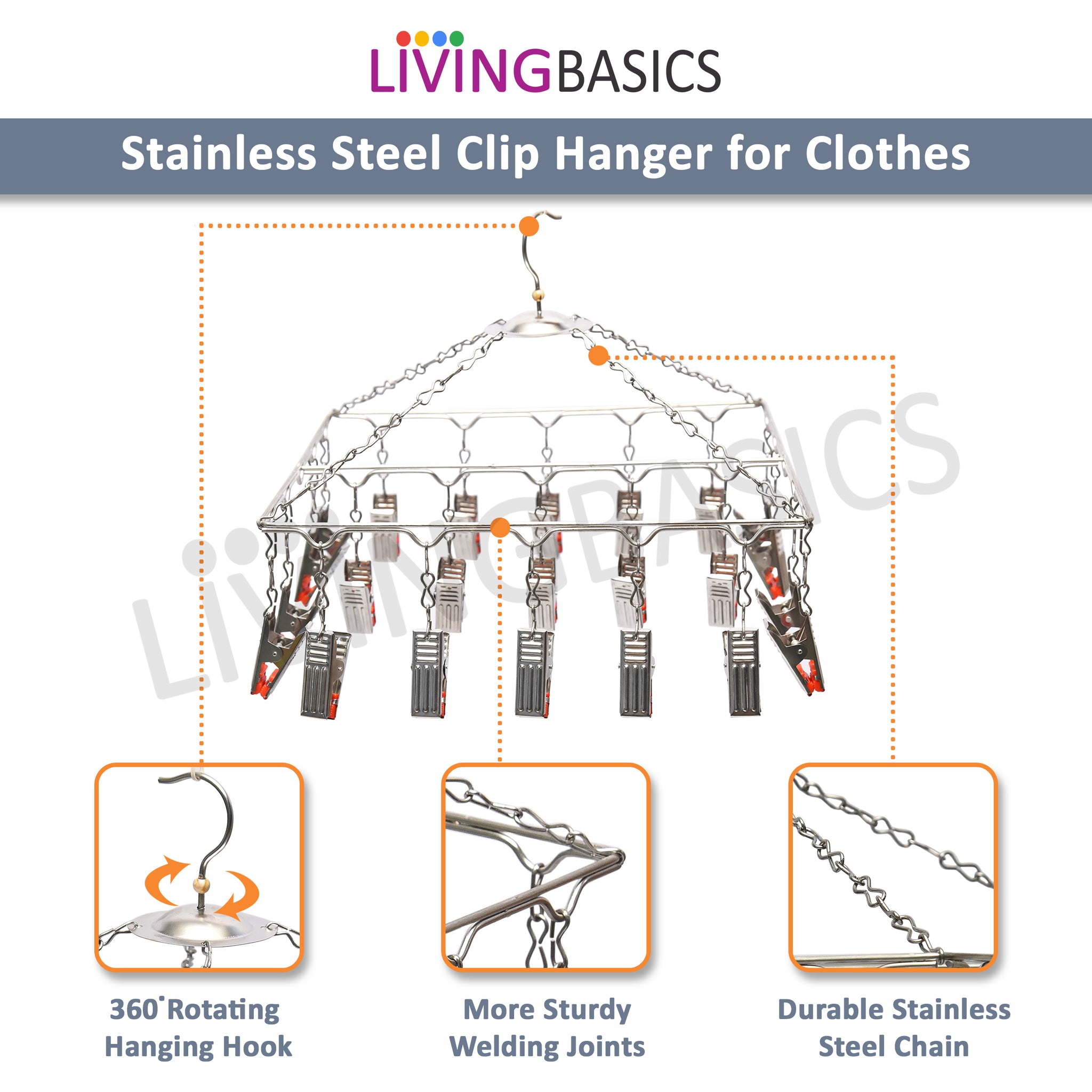 LivingBasics Stainless Steel Baby Cloth Clips Hanger with Drying Pins/Pegs for Rods/Ropes - Clothes Dryer Rack for Socks, Nappies, Hand Towel, Mask, Tie, Lingerie (25 Clip Hanger)