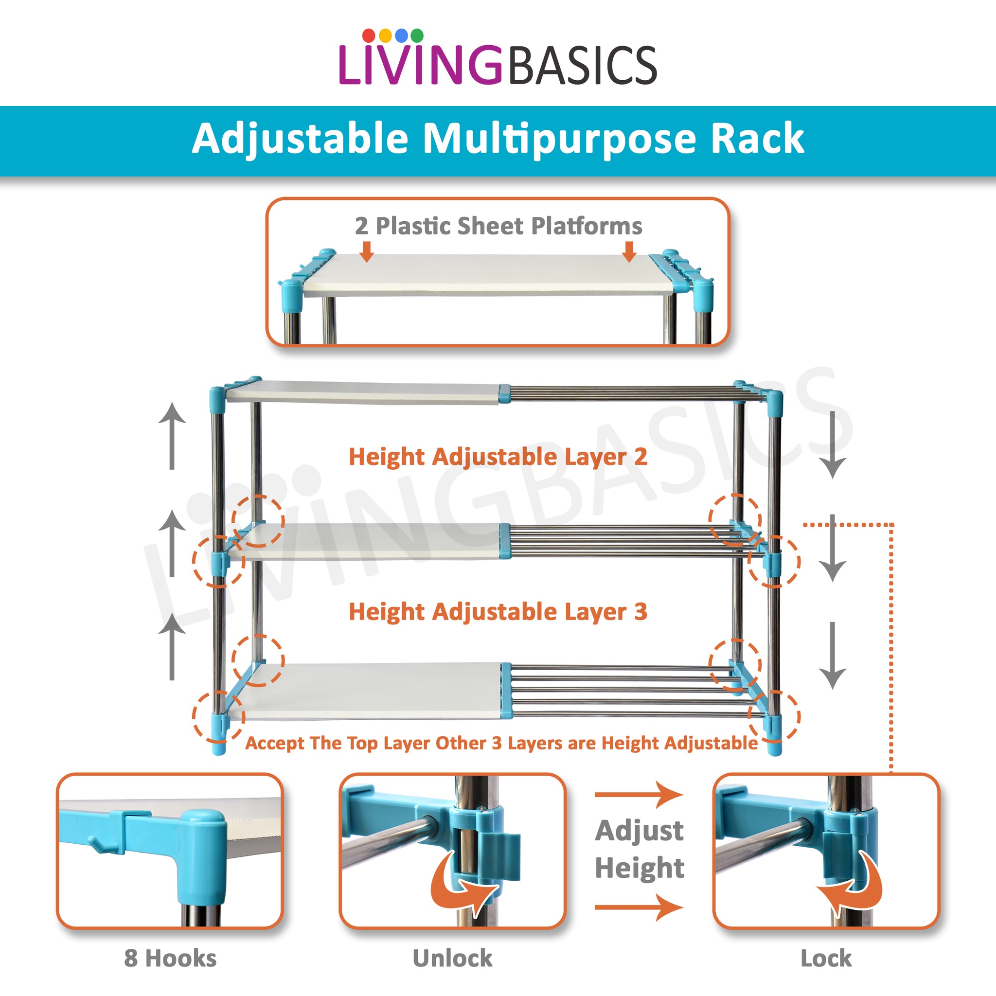3 Layer Cyan Blue Stainless Steel Adjustable Multipurpose Stand for Storage