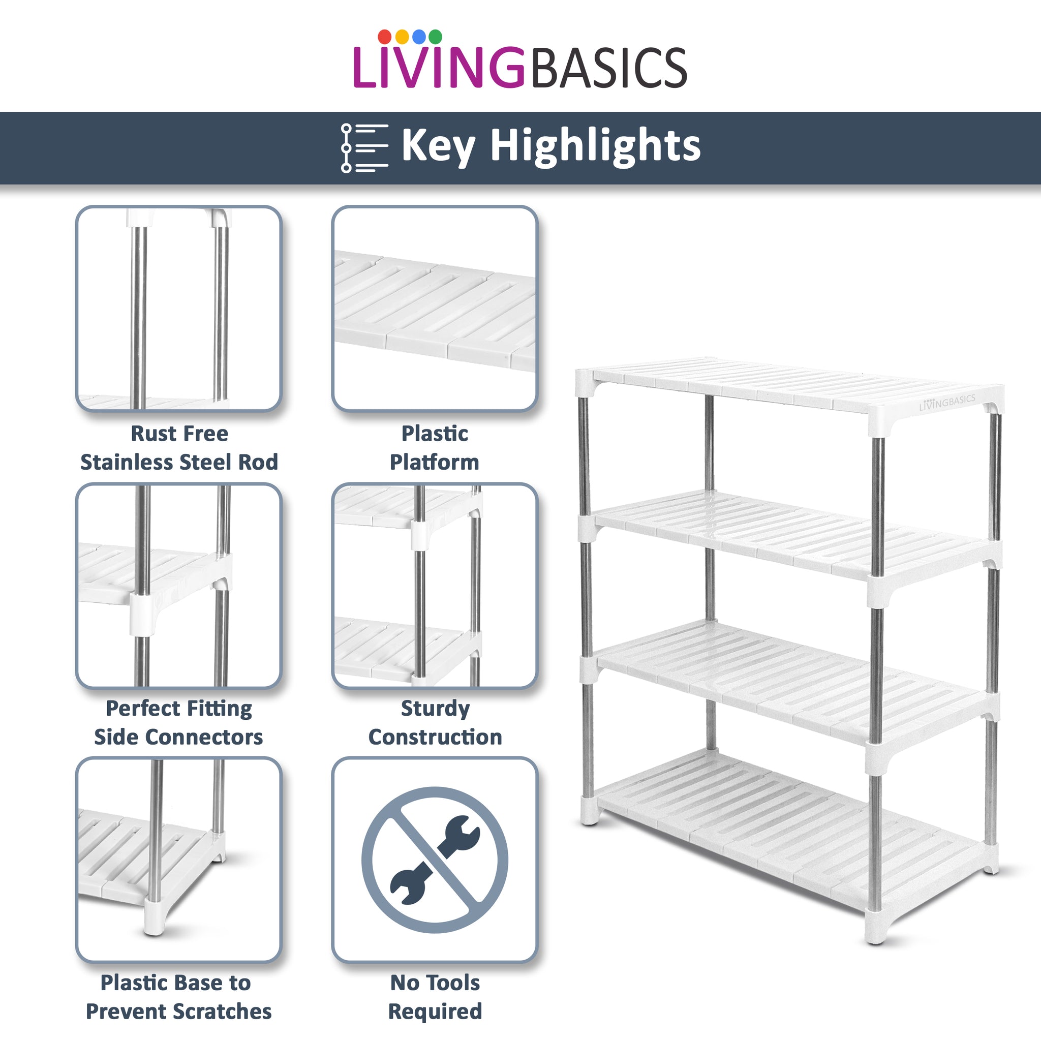 LIVINGBASICS Stainless Steel Multifunctional/Multipurpose Storage Shelves/Rack/Stand for Home/Office/Kitchen/Balcony/Bathroom/Study Room