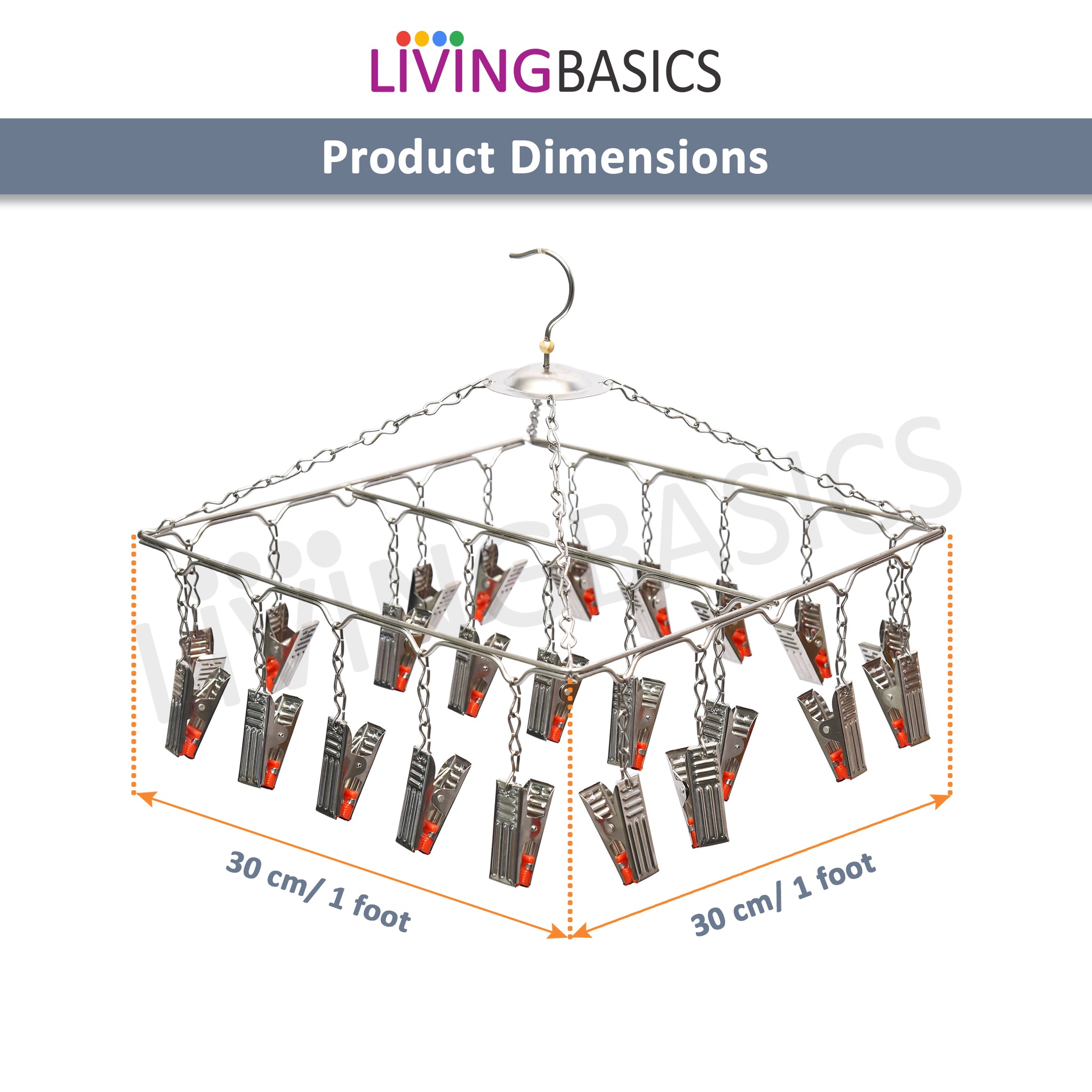 LivingBasics Stainless Steel Baby Cloth Clips Hanger with Drying Pins/Pegs for Rods/Ropes - Clothes Dryer Rack for Socks, Nappies, Hand Towel, Mask, Tie, Lingerie (25 Clip Hanger)