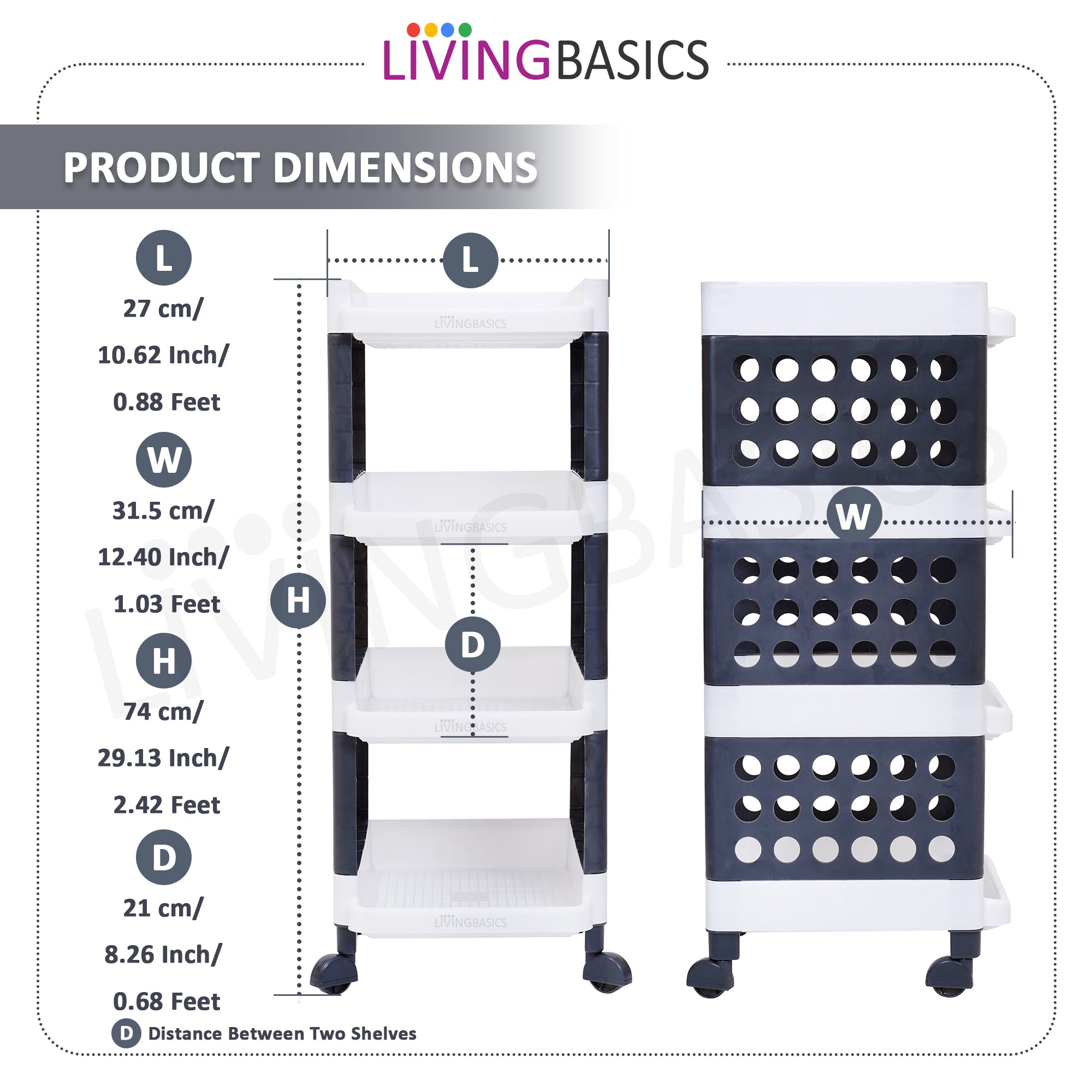 LivingBasics 4 Layer/Tier Multipurpose Plastic Storage Rack/Stand Organizer with Wheels, Space-Saving Utility Trolley for Narrow Places/Kitchen Cart/Vegetable Rack/Corner Shelf/Bedroom/Bathroom/Living Room/Office/Kids Toys (White - Grey)