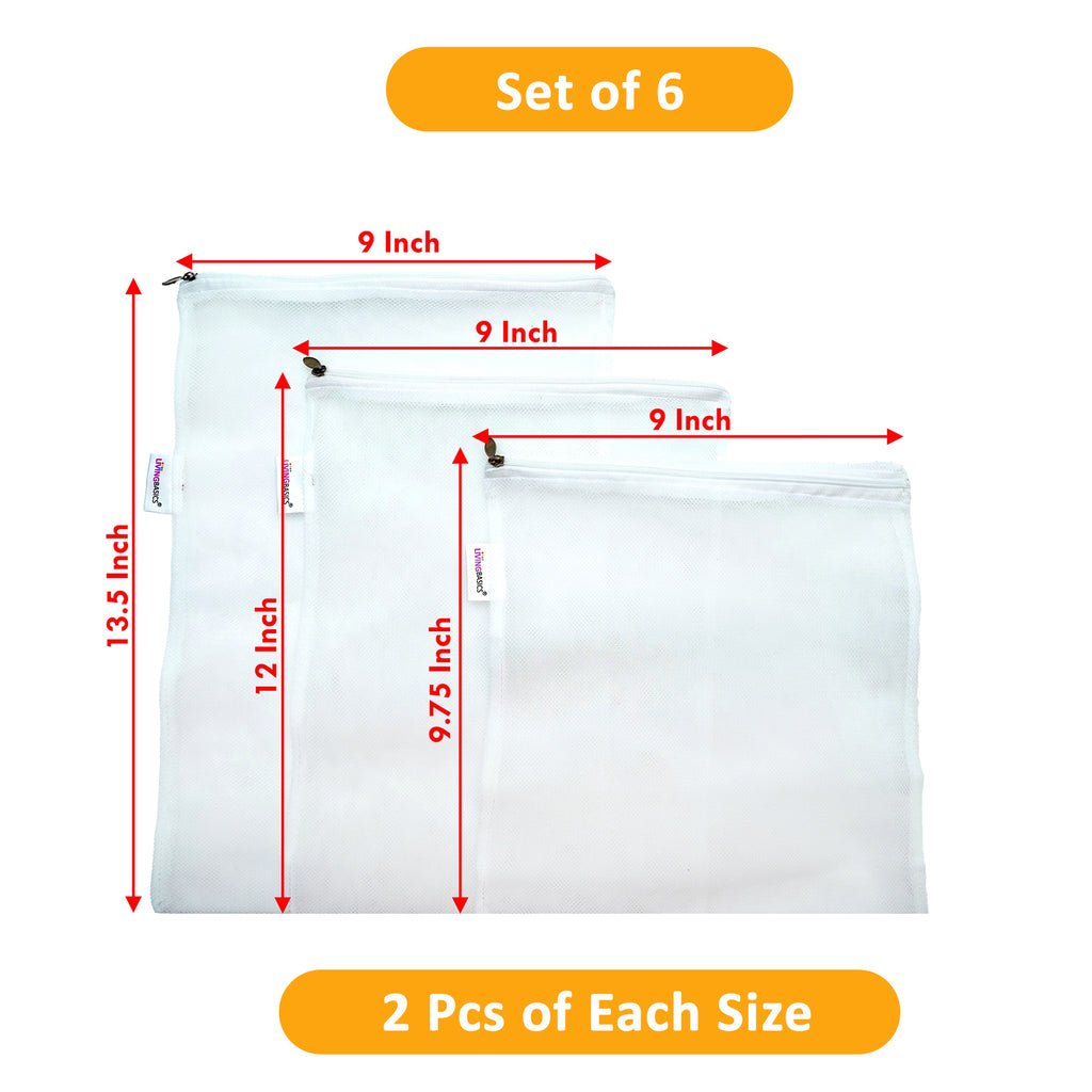 LivingBasics Premium Double Net Vegetable Bags For Fridge / Refrigerator - Vegetable Cover - Covers / Fresh Fruits Pouches For Kitchen - Mesh Organizer Bag (6 Pieces, White Net Bags)