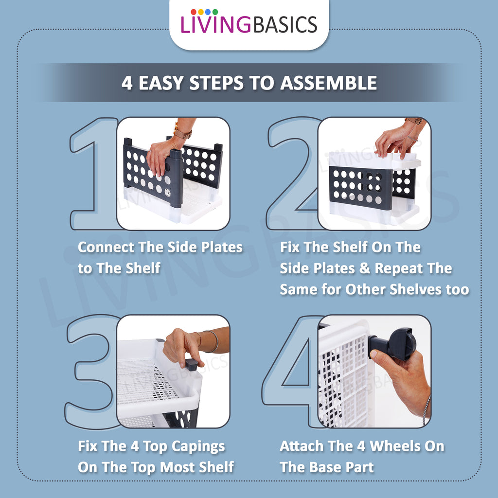 LivingBasics 4 Layer/Tier Multipurpose Plastic Storage Rack/Stand Organizer with Wheels, Space-Saving Utility Trolley for Narrow Places/Kitchen Cart/Vegetable Rack/Corner Shelf/Bedroom/Bathroom/Living Room/Office/Kids Toys (White - Grey)