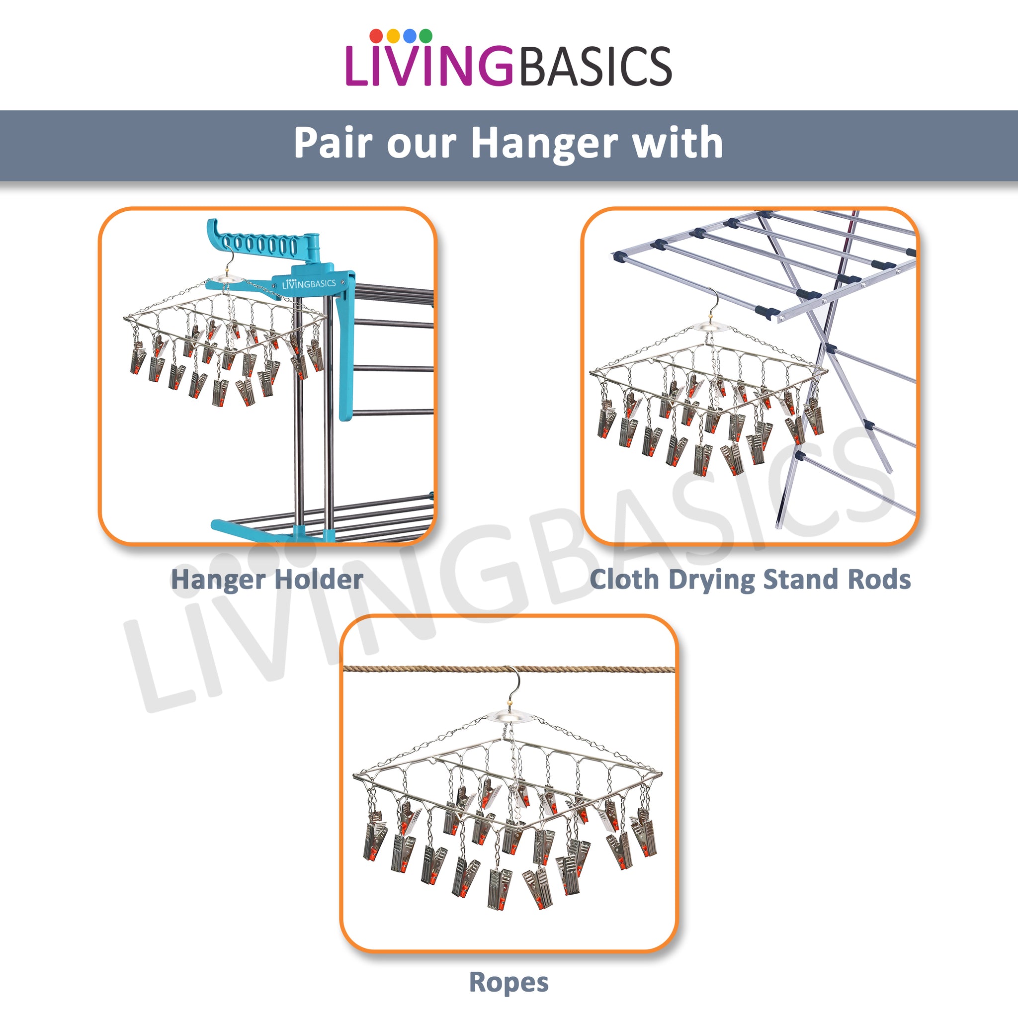 LivingBasics Stainless Steel Baby Cloth Clips Hanger with Drying Pins/Pegs for Rods/Ropes - Clothes Dryer Rack for Socks, Nappies, Hand Towel, Mask, Tie, Lingerie (25 Clip Hanger)