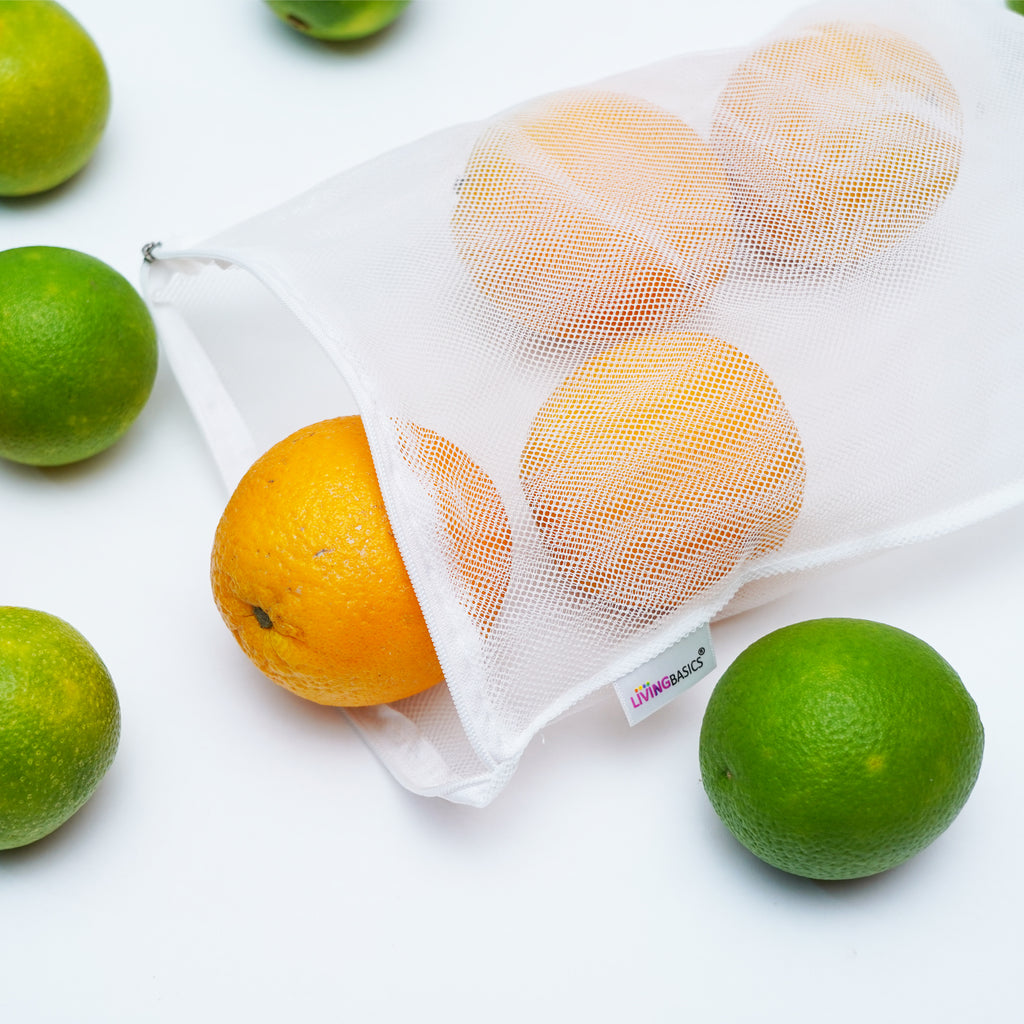LivingBasics Premium Double Net Vegetable Bags For Fridge / Refrigerator - Vegetable Cover - Covers / Fresh Fruits Pouches For Kitchen - Mesh Organizer Bag (6 Pieces, White Net Bags)
