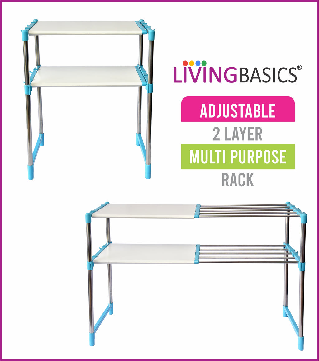 2 Layer Cyan Blue Stainless Steel Adjustable Multipurpose Stand for Storage