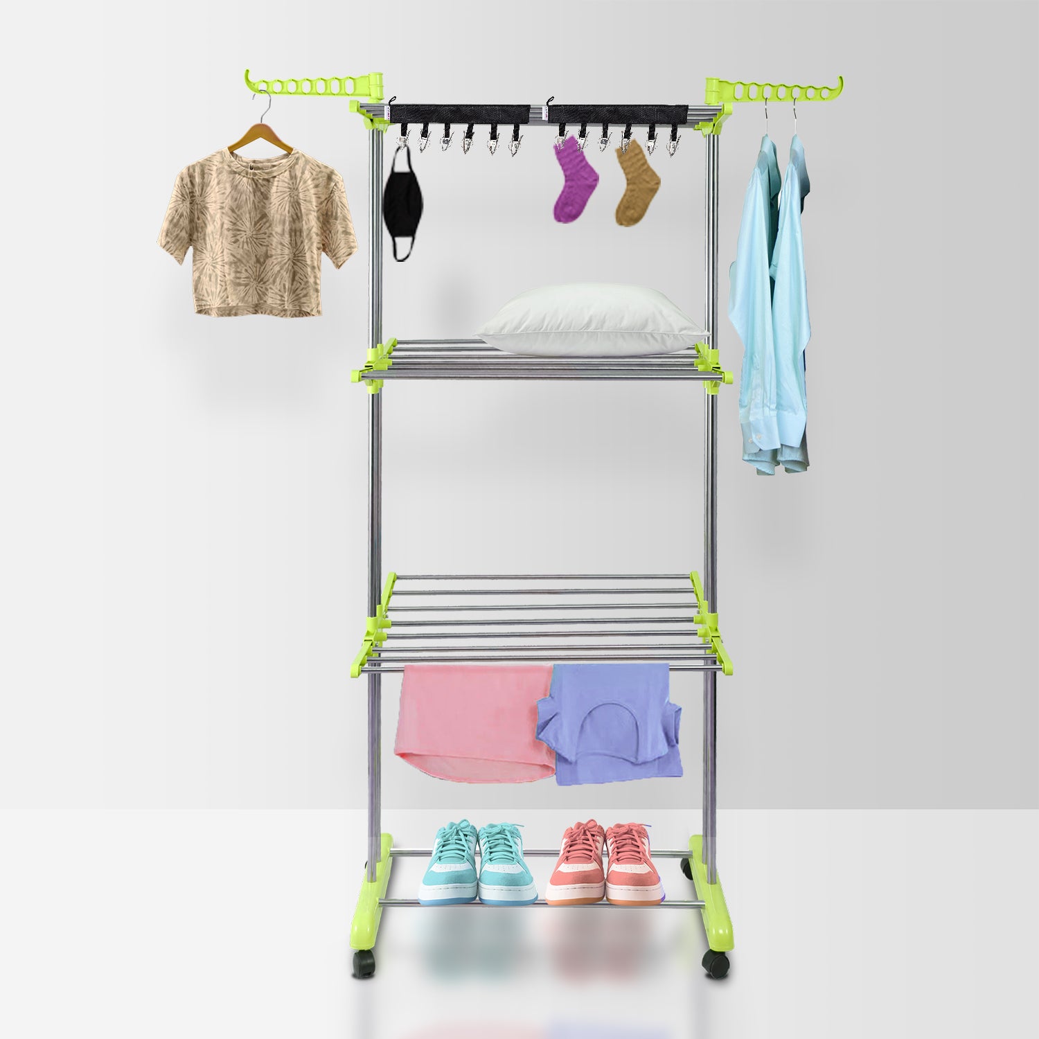 LivingBasics® Heavy Duty Rust-free Double Pole Clothes Drying Racks with Wheels for Indoor/Outdoor/Balcony (COMBO Products LIME  GREEN+ ICON CLOTH CLIP)(ABS PLASTIC)