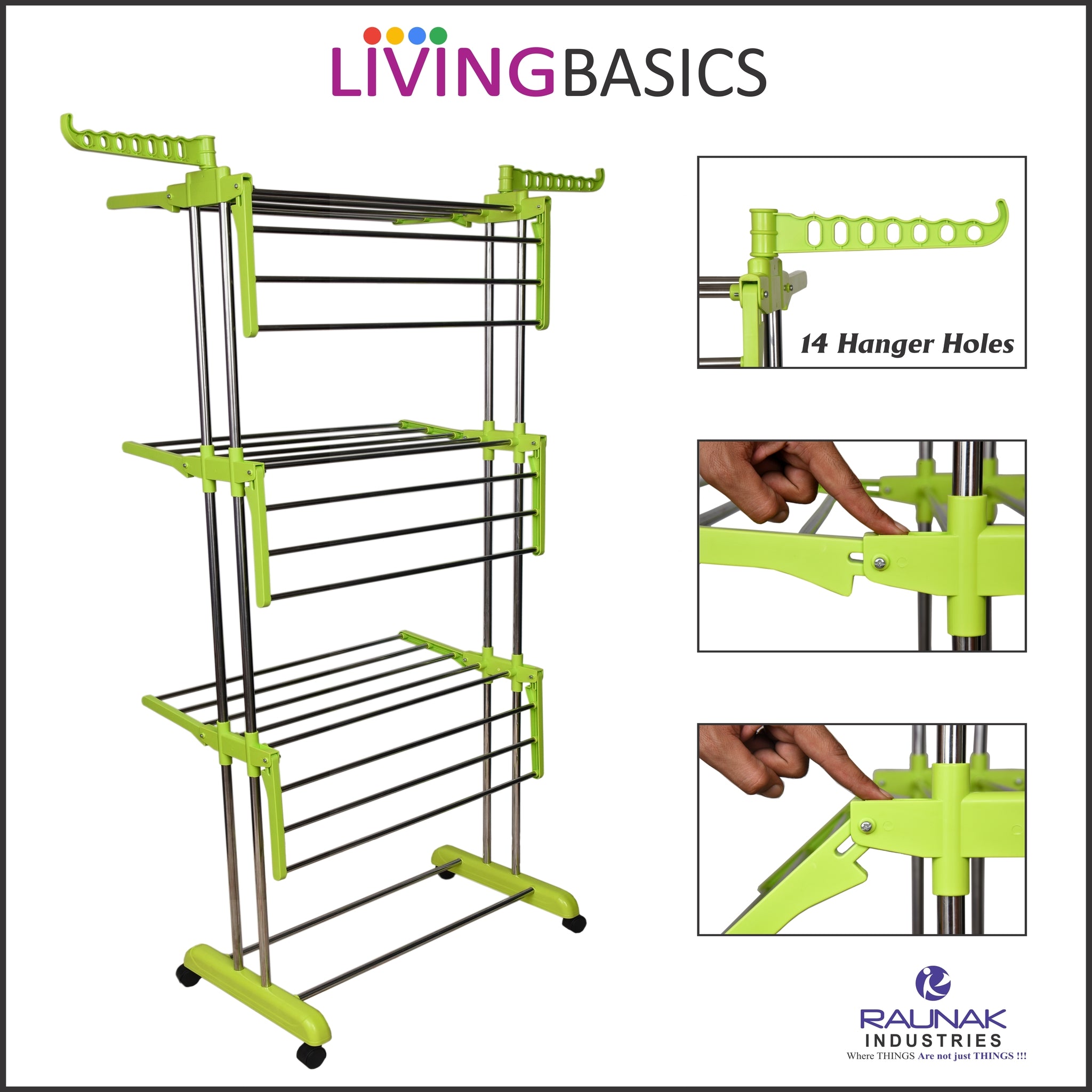 LivingBasics® Heavy Duty Rust-free Double Pole Clothes Drying Racks with Wheels for Indoor/Outdoor/Balcony (COMBO LIME GREEN + ROD CLOTH CLIP)(ABS PLASTIC)
